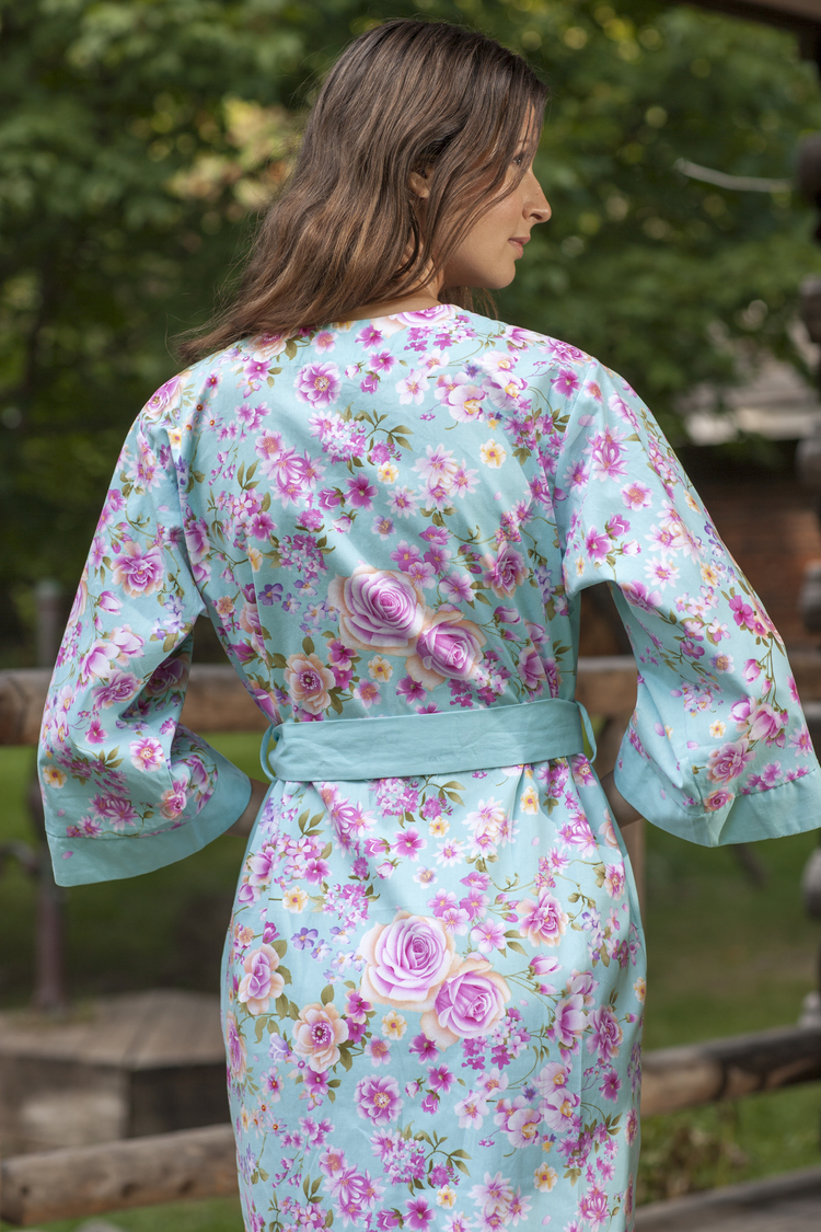 100% Cotton, Women's Short Robe with Kimono Collar-Sea Flowers Dynasty Robes