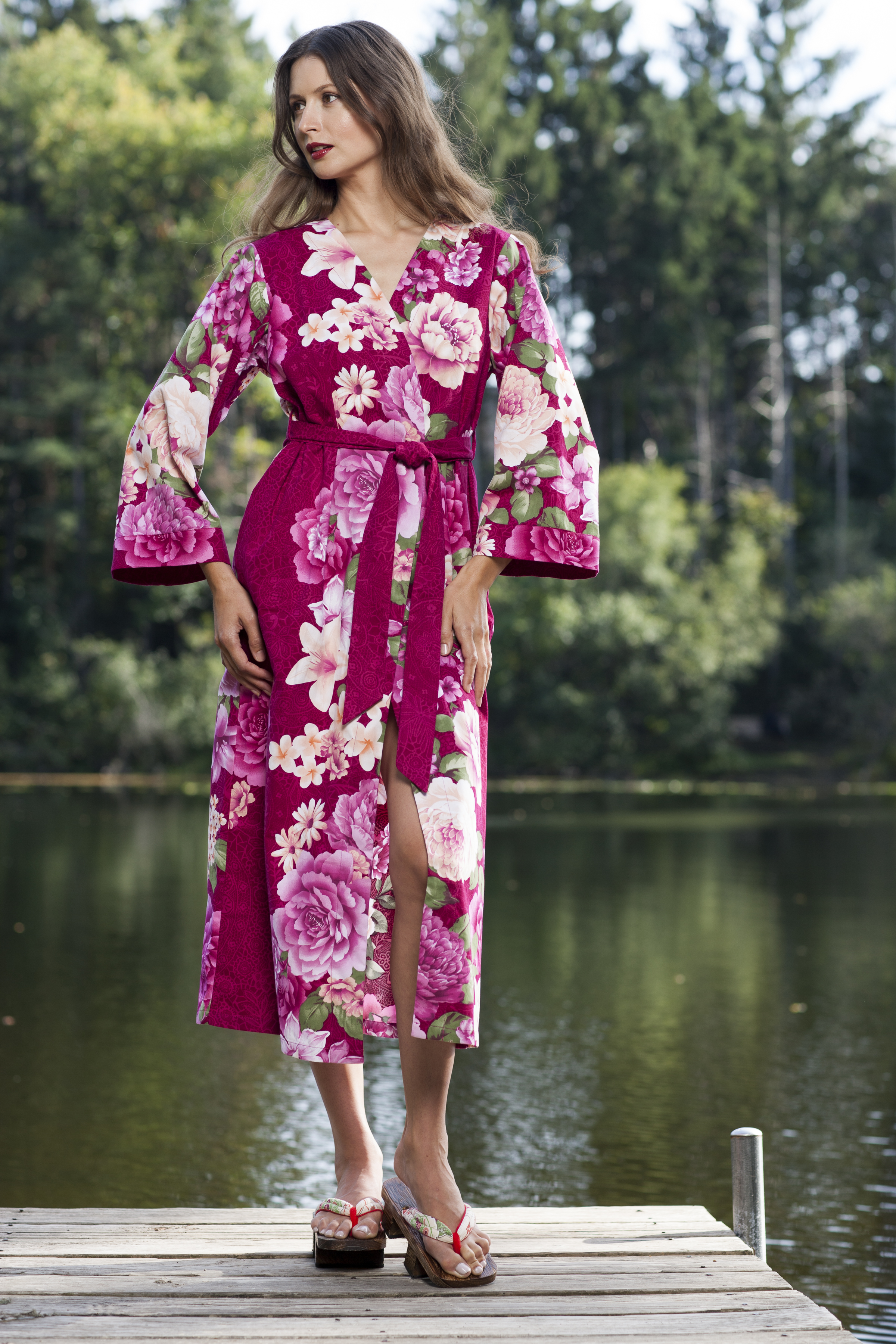 Women's Long Printed Cotton Robe with Kimono Collar-Tang Beauty 