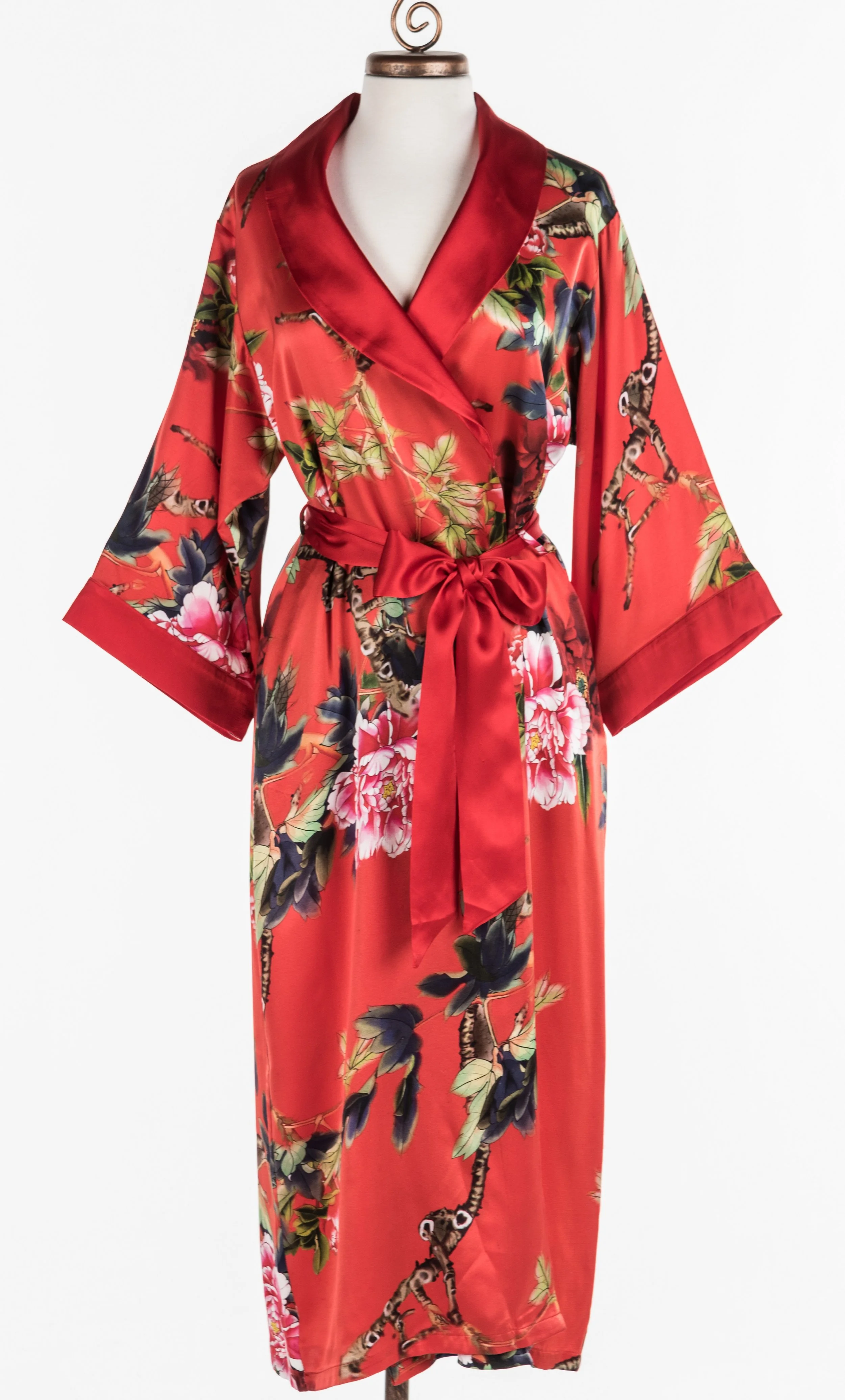 Women's Long Red Silk Robe/wrap with Shawl Collar Festive Peony