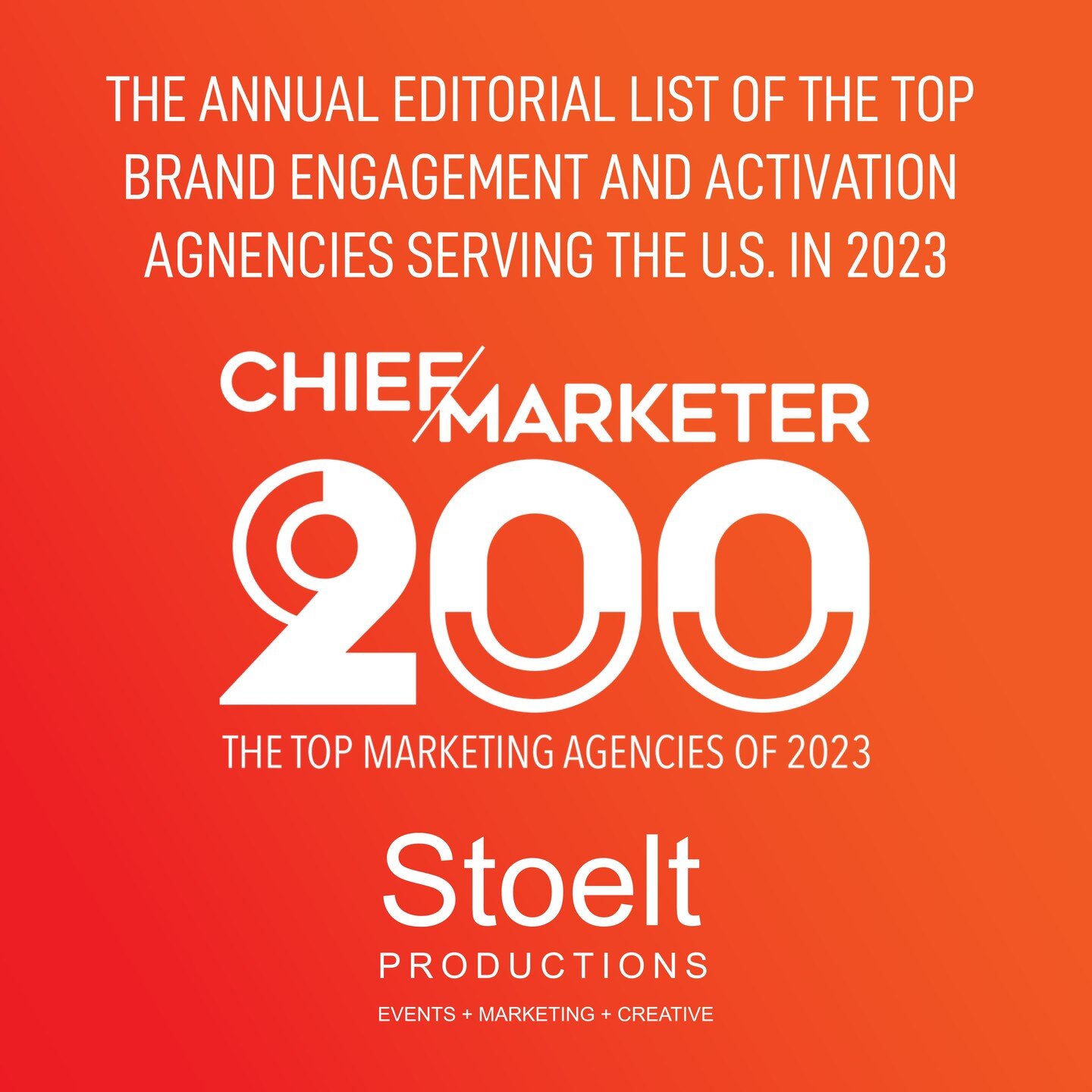 🏆 We're proud, honored, and humbled to be chosen by the editors of CHIEF MARKETER as one of the #top200 Brand Engagement and Activation agencies in the U.S. in 2023. Let us help elevate your brand in the New Year with fully integrated IRL, Mobile, a