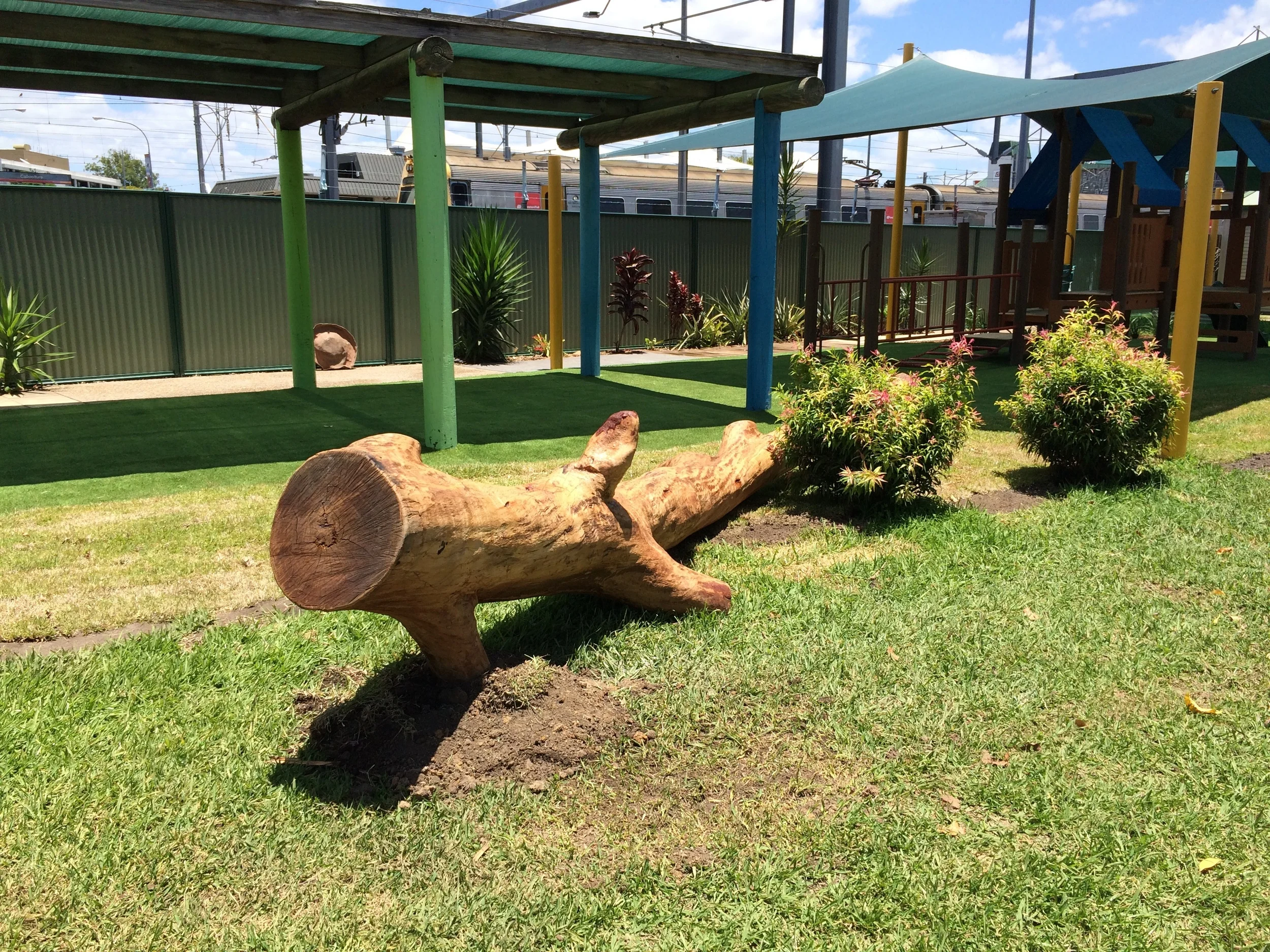 Craned into place, debarked and sanded and coated, ready for play