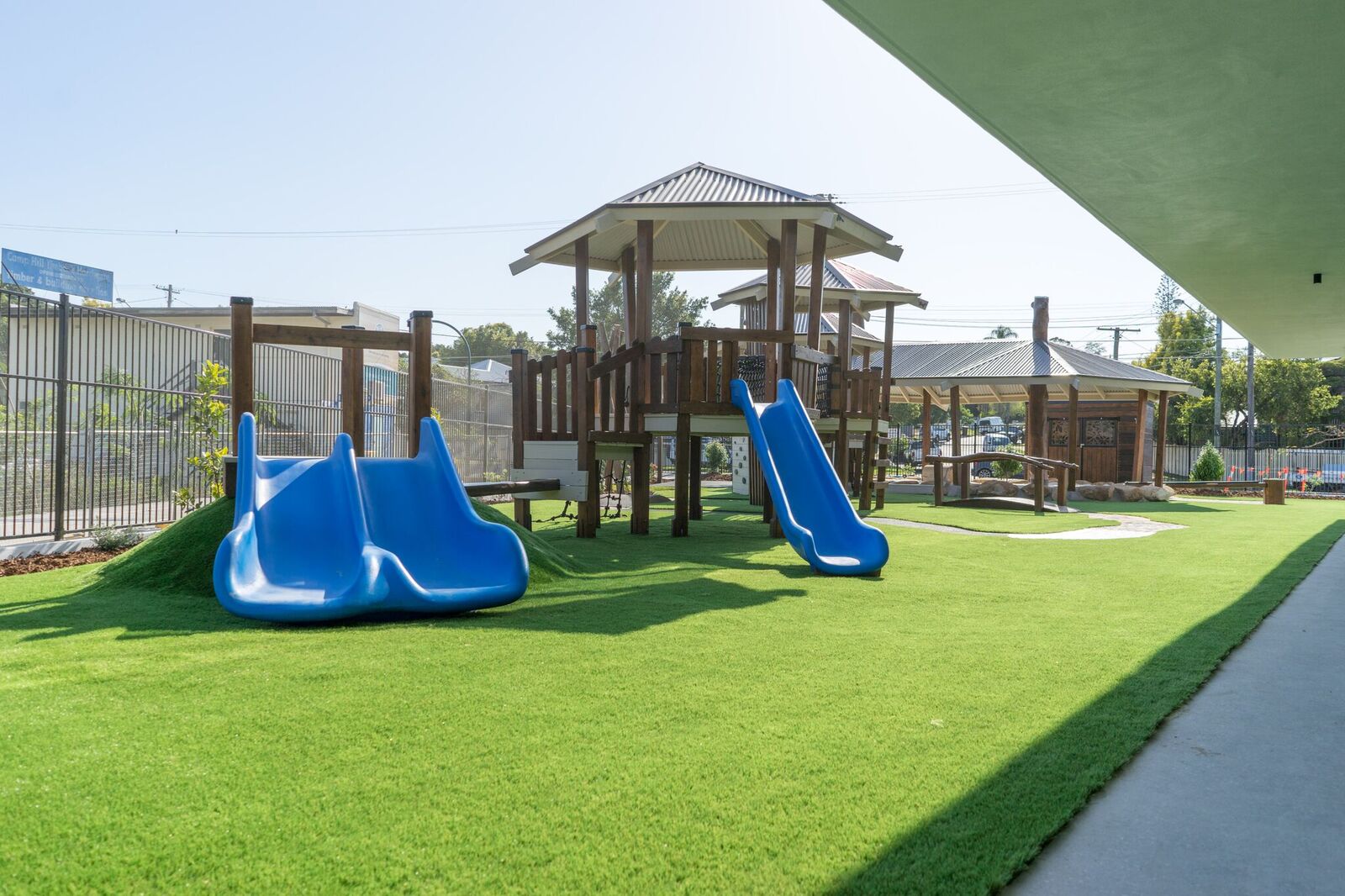 From a double slide on a mound to a recycled timber storage shed for the sand-pit.