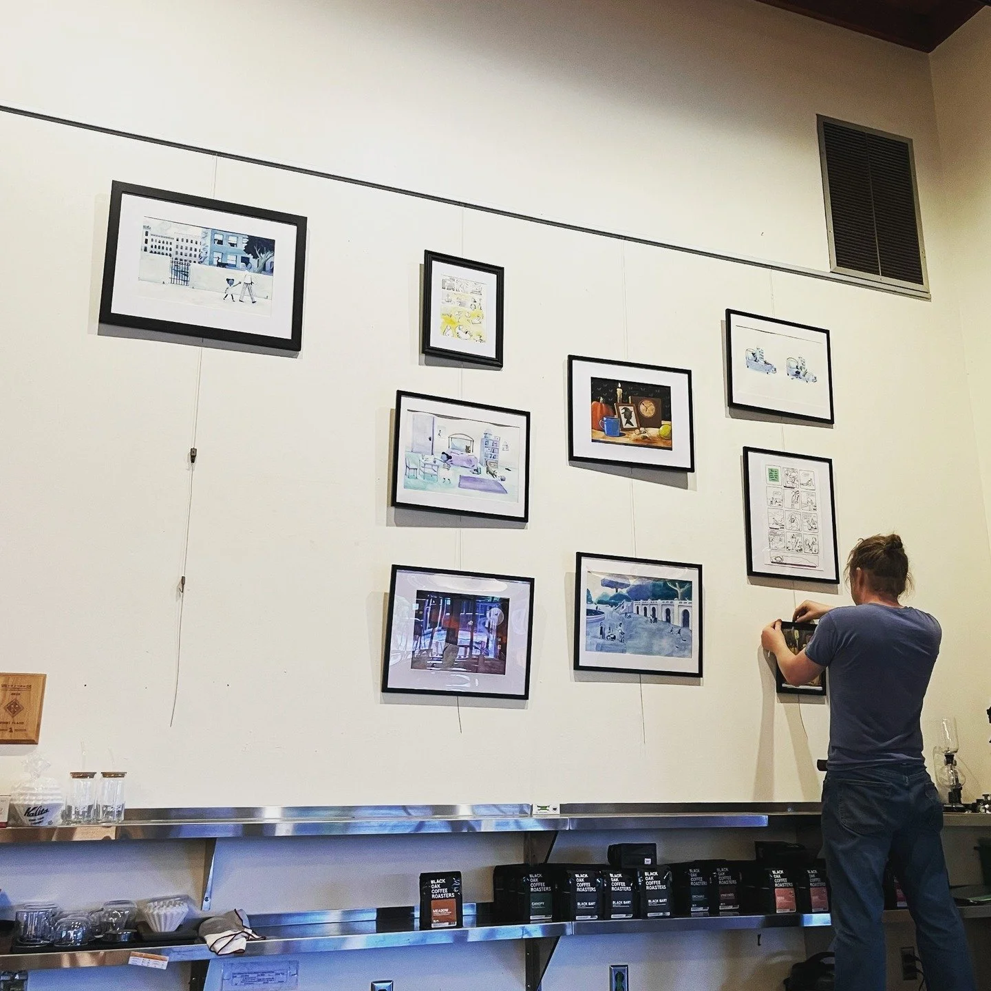 Illustrations are up @blackoakcoffee in Ukiah, CA. All art is also for sale! If you love pumpkin spice lattes, you gotta try their version which is soooooo good. #ukiahartist #kidlitartist #exhibition #blackoakcoffee #pumpkinspicelatte