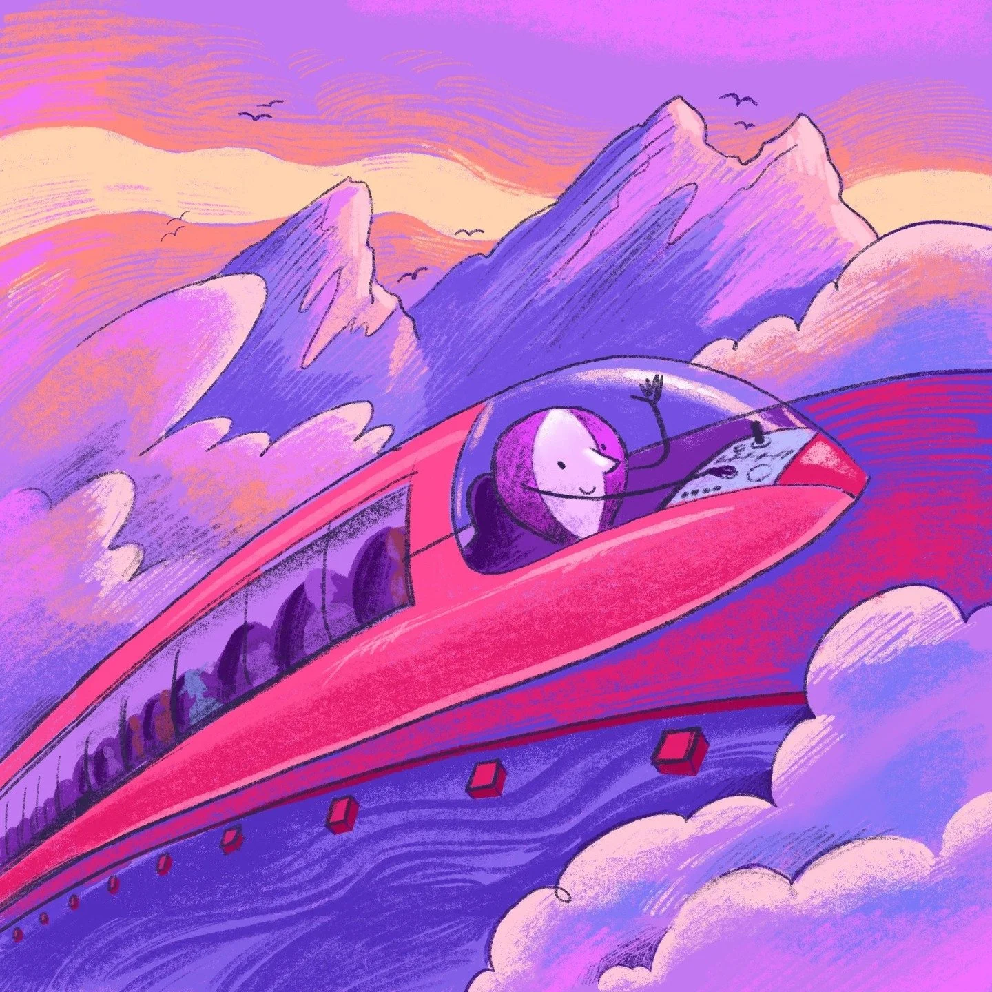 If you build rails apps, you know. More art for fly.io 
#railsart #kidlitillustration #techart #flydotio #funmascots #sunsetcolors