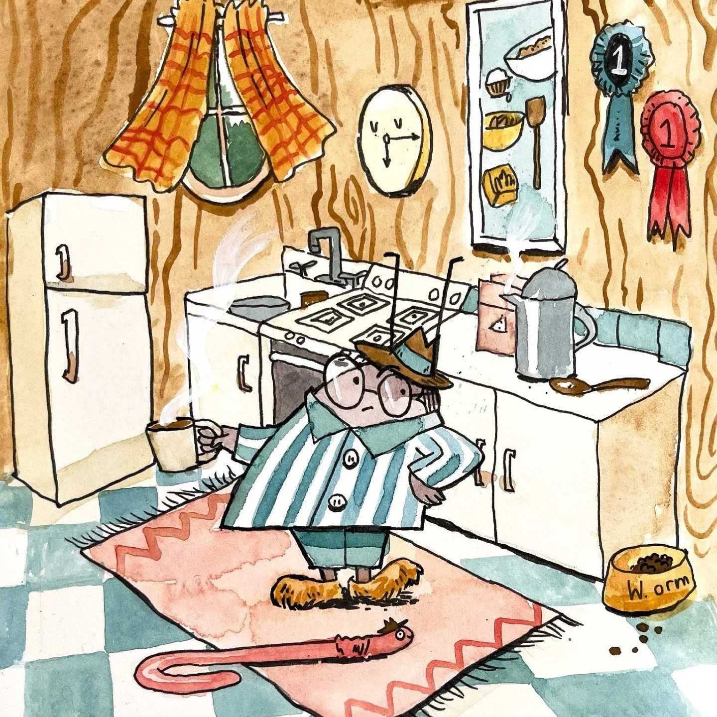 I couldn't help myself-- I wanted to try this same illustration in traditional paint and ink. What do you think? Which version do you like better for Detective B. Tull? #whichone? #watercolorillustration #cartoon #cozyart