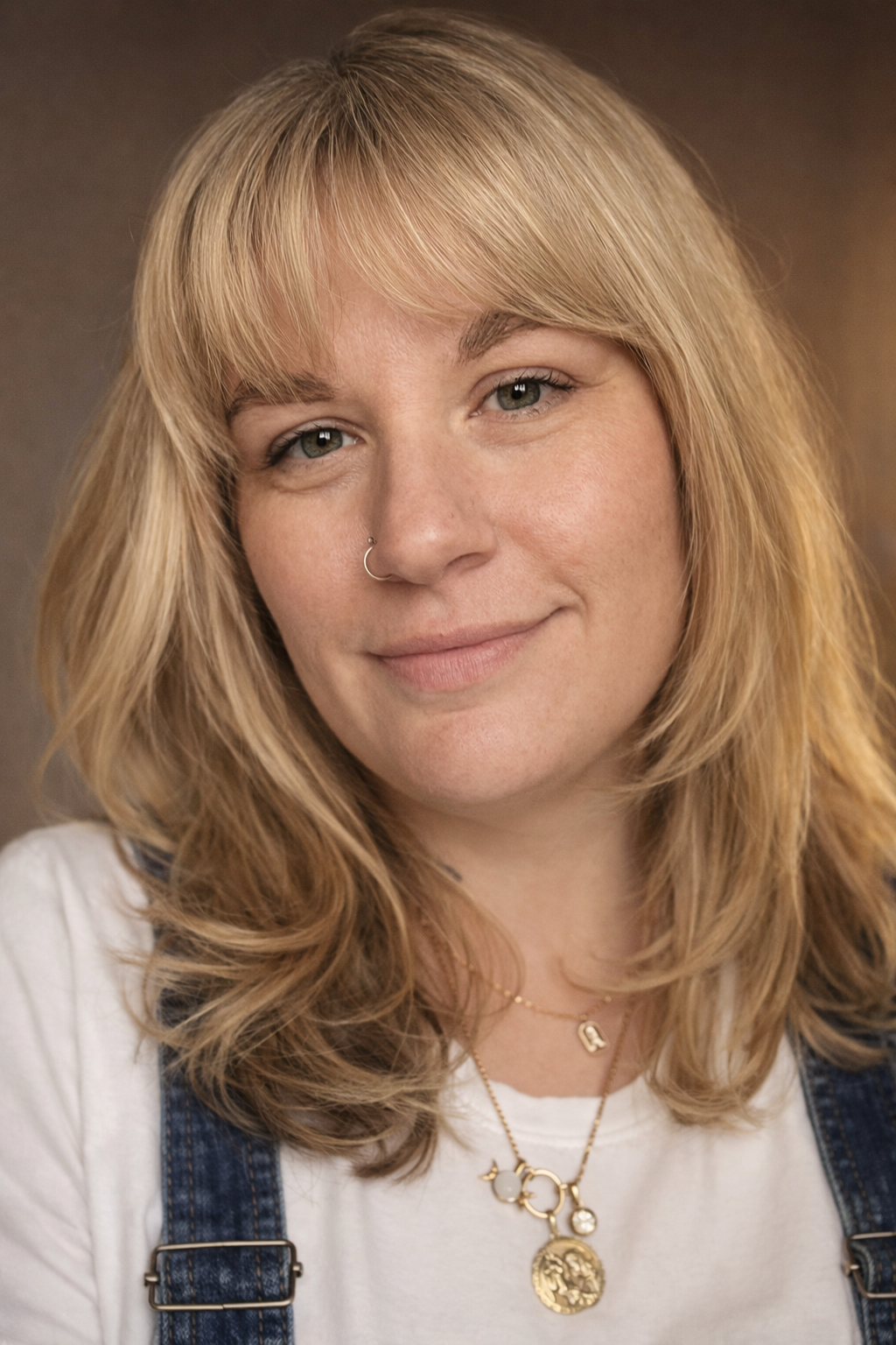 Close-up portrait of a young woman with shoulder-length blonde hair, wearing a nose ring, layered gold necklaces, a white shirt, and denim overalls, smiling softly.