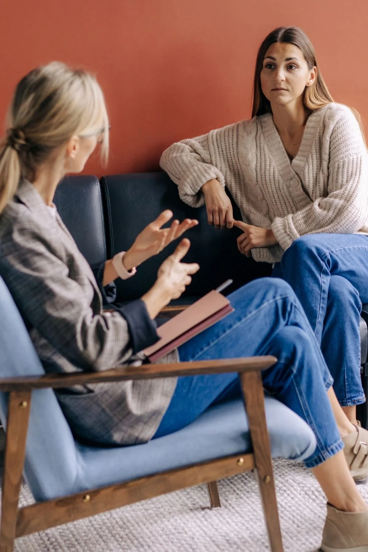 Two women are sitting on a couch and a chair, engaged in a conversation. One woman is gesturing with her hands and has a notebook on her lap, while the other woman listens attentively, sitting with her arm resting on the sofa arm and looking thoughtful.