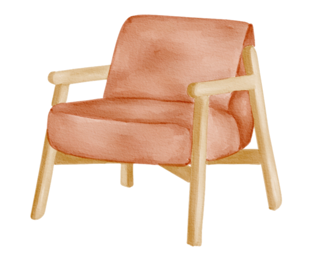 Watercolor painting of a pink armchair with wooden legs and armrests.