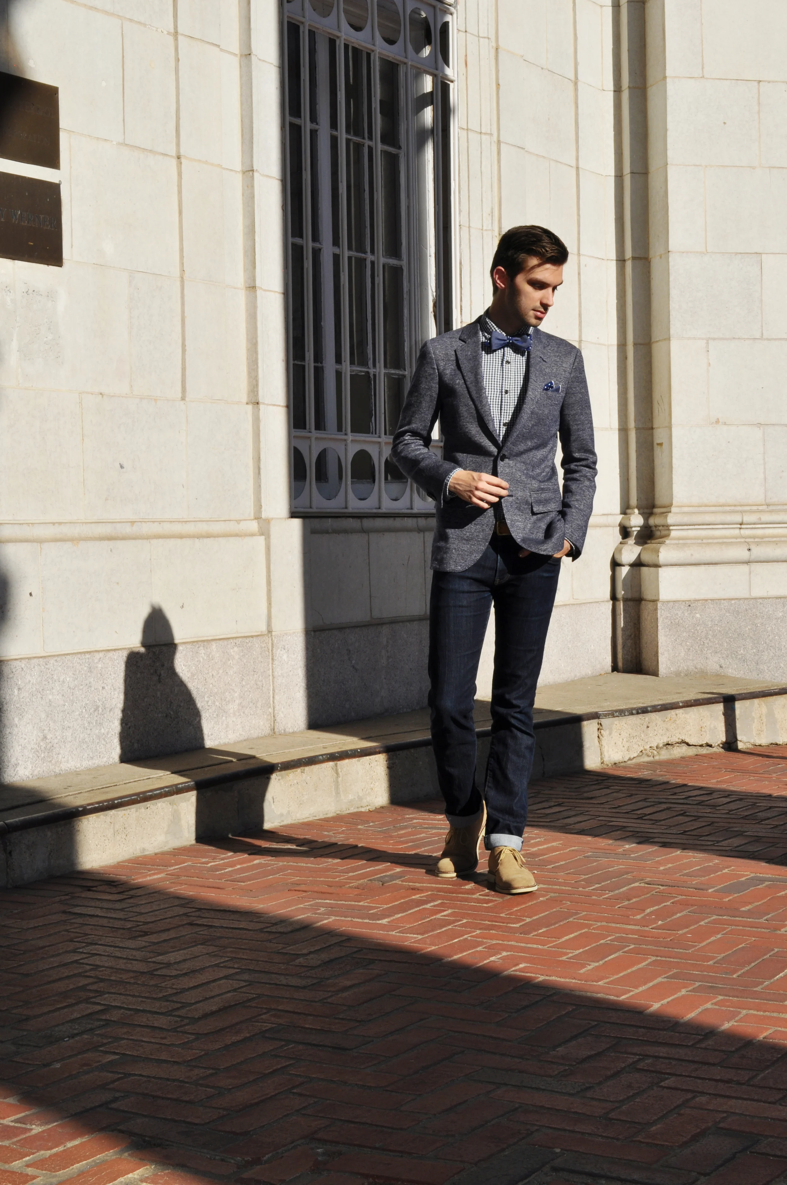 Sometimes the best Haberdashers are in your own backyard! I recently discovered Bedford and Broome , a New York based team turning out some truly original, handmade men's accessories. Their name comes from their shop on Bedford Avenue in Brooklyn and their offices on Broome Street in SoHo. "Bedford Avenue is full of artists, musicians, designers, and professionals, all wearing their person style proudly. Broome Street is thriving with professionals, shoppers, and dapper gents, all dressed to impress." The combination of the two means some seriously savvy style accessories (try saying that five times fast). This bow tie and pocket square were made from two different fabric sewn together and can be tied in a handful of ways to feature each one. You can have a chambray bow tie, a polkadot bow tie, or a combination of the two. Same goes for the pocket square! I grabbed myself a matching tie too because I just had to complete the set. They have a whole range of bow ties and pocket squares that are multi-functional and each item is numbered and made completely by hand. It all pretty awesome. Check out their hashtag #wearyourself to see some other dapper gents rocking Bedford and Broome ties. Bedford and Broome bow tie and pocket square / Club Monaco blazer / Club Monaco shirt / Uniqlo denim / Banana Republic desert boots