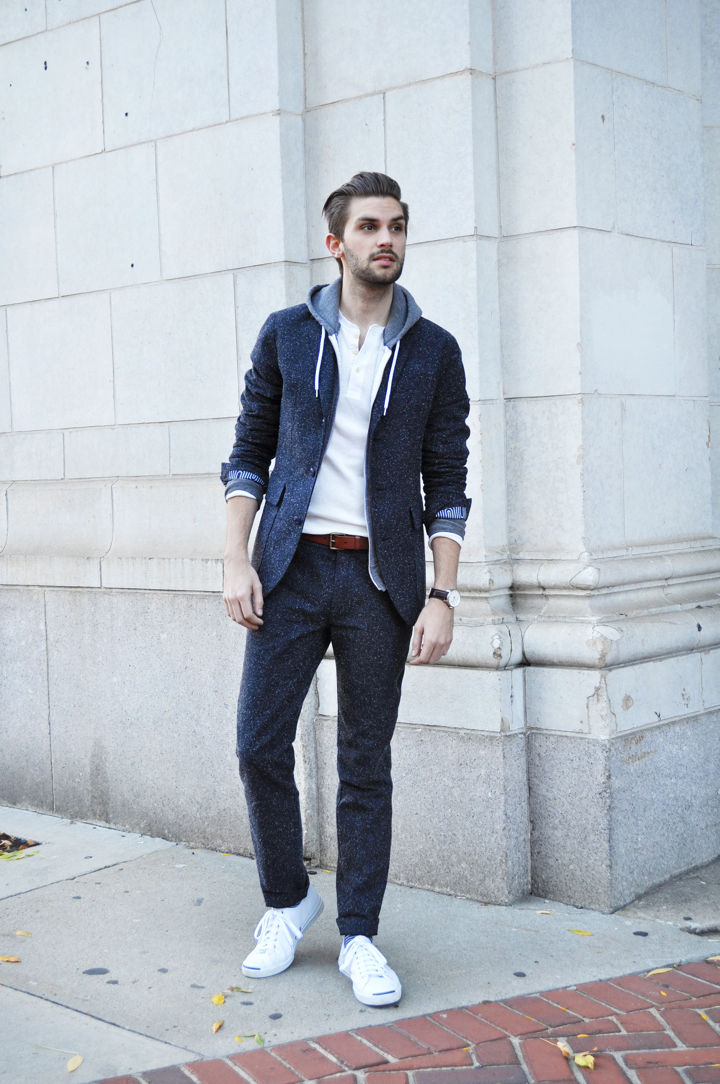 It is possible to stay active in a suit. You just have to find the right suit for the job,. I spend a lot of time running around the city, so I need clothes that are designed for a man in motion. That's where Donrad Duncan has me covered. His line, EFM (Engineered For Motion), takes classic tailored menswear designs and re-imagines using the latest high tech performance fabric. This donegal suit is made from performance stretch material and has reflective tape under the collar and pant cuffs for city biking. It's a suit made for a guy on the move. You know I love me some activewear... sweatpants, sweatshirts, sneakers..... Well EFM just took my activewear game to the next level. Super excited about it. Check out the whole line ! EFM by Donrad Duncan blazer and trouser / Leather Jack Purcells / American Apparel hoodie / Club Monaco henley / Coach watch