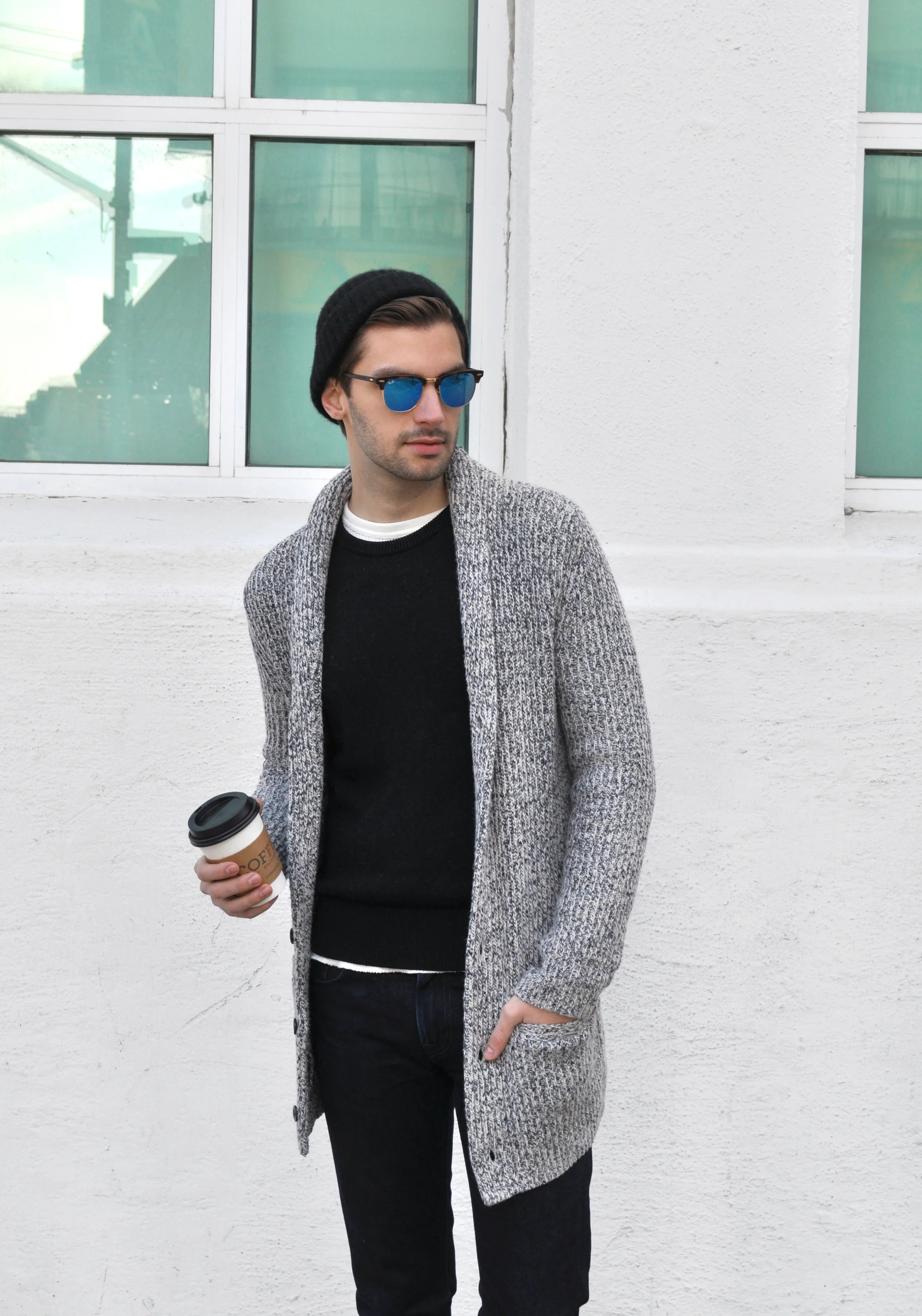 It's one of those slowly-roll-out-of-bed kind of mornings. The kind where you throw on a beanie cuz you don't feel like doing your hair and drag yourself to the nearest coffee shop to turn into a real person. The best kind of lazy day off. Skip the coat. It's 60 degrees in the middle of Winter (ps. WTF?). Just layer on multiple sweaters instead! A crew neck with a cardigan is nice, but find an oversized one--almost like a robe-- to feel really cozy. It's a nice change from a structured coat and perfect for lounging around your local brew house. My go-to spot is Coffeed . A Long Island City coffee shop with an organic garden on the roof! It's open on weekends to the public and has rad views of the city. There's a wine store next door, so it's really one-stop shopping. Then head home to finally finish your Holiday shopping online! Club Monaco cardigan and beanie / Bonobos crewneck sweater / Levis selvedge denim / Rayban sunglasses / Jack Purcell sneakers