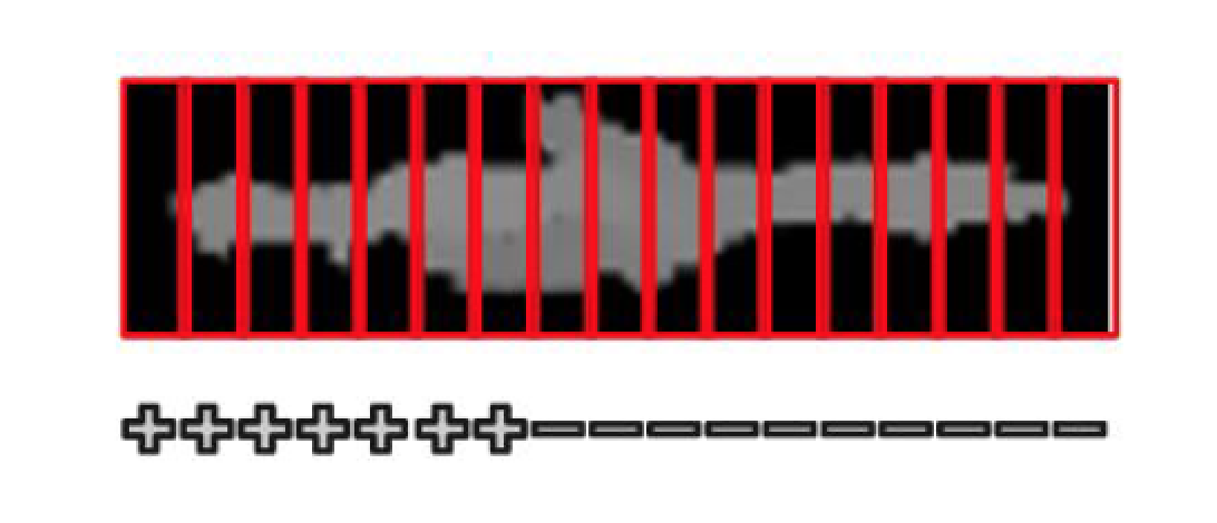 Partitioning of the detected contour and sign of the gradient for each partition