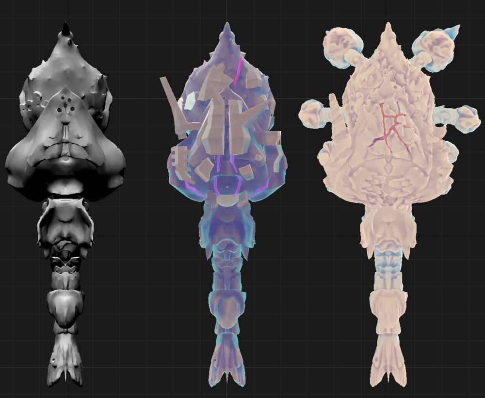 Left to right: Base model, whitebox elements, and integrated model. In the final game, the Leviathan became a swimming, rather than walking, creature.