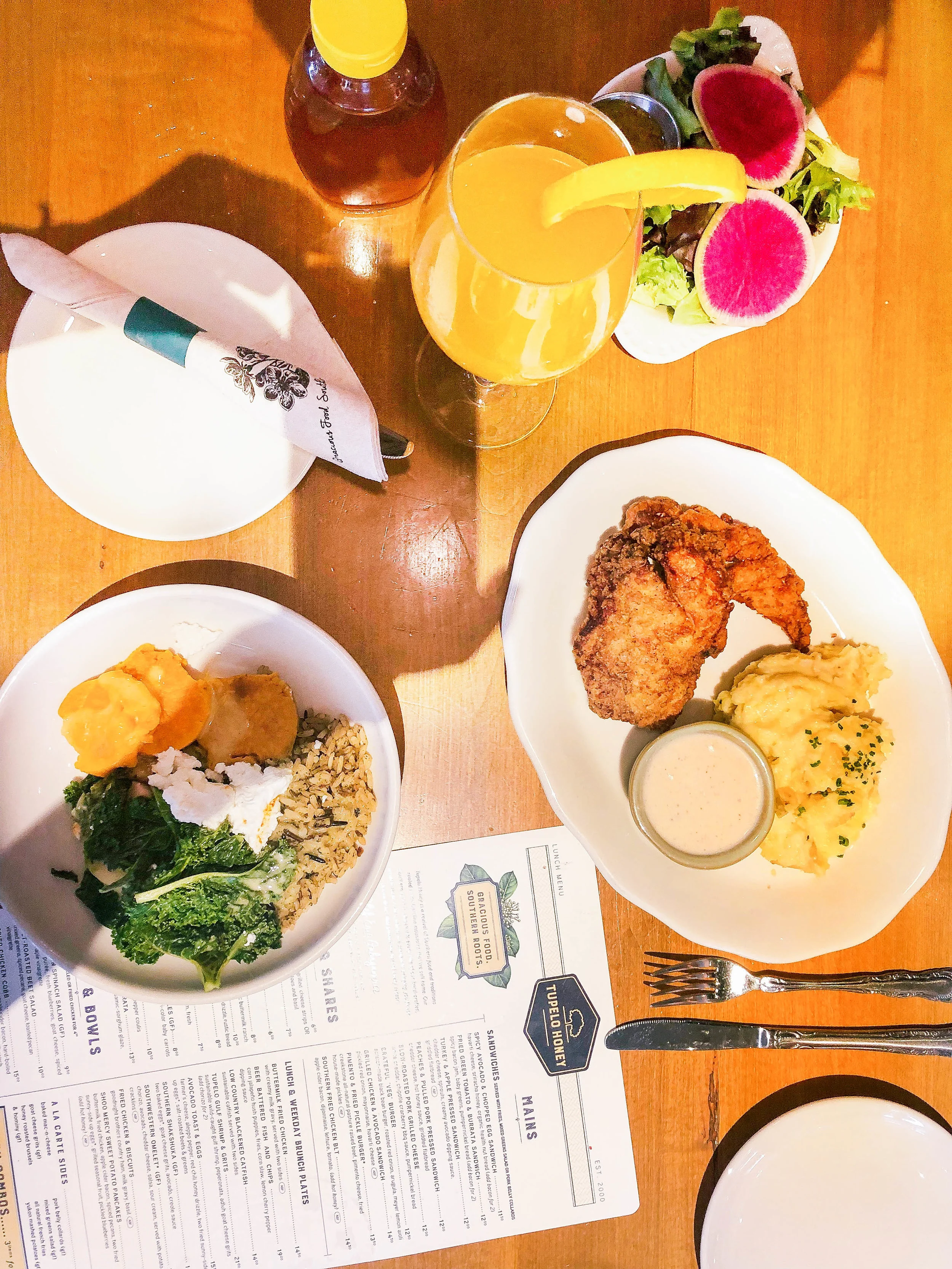 Buttermilk Fried Chicken: with creamy milk gravy, served with two sides Mountain Harvest Bowl: roasted sweet potatoes, sauteed kale, grilled chicken, goat cheese, granny smith apples, toasted almonds (I left them off) , white rice, white balsamic dressing