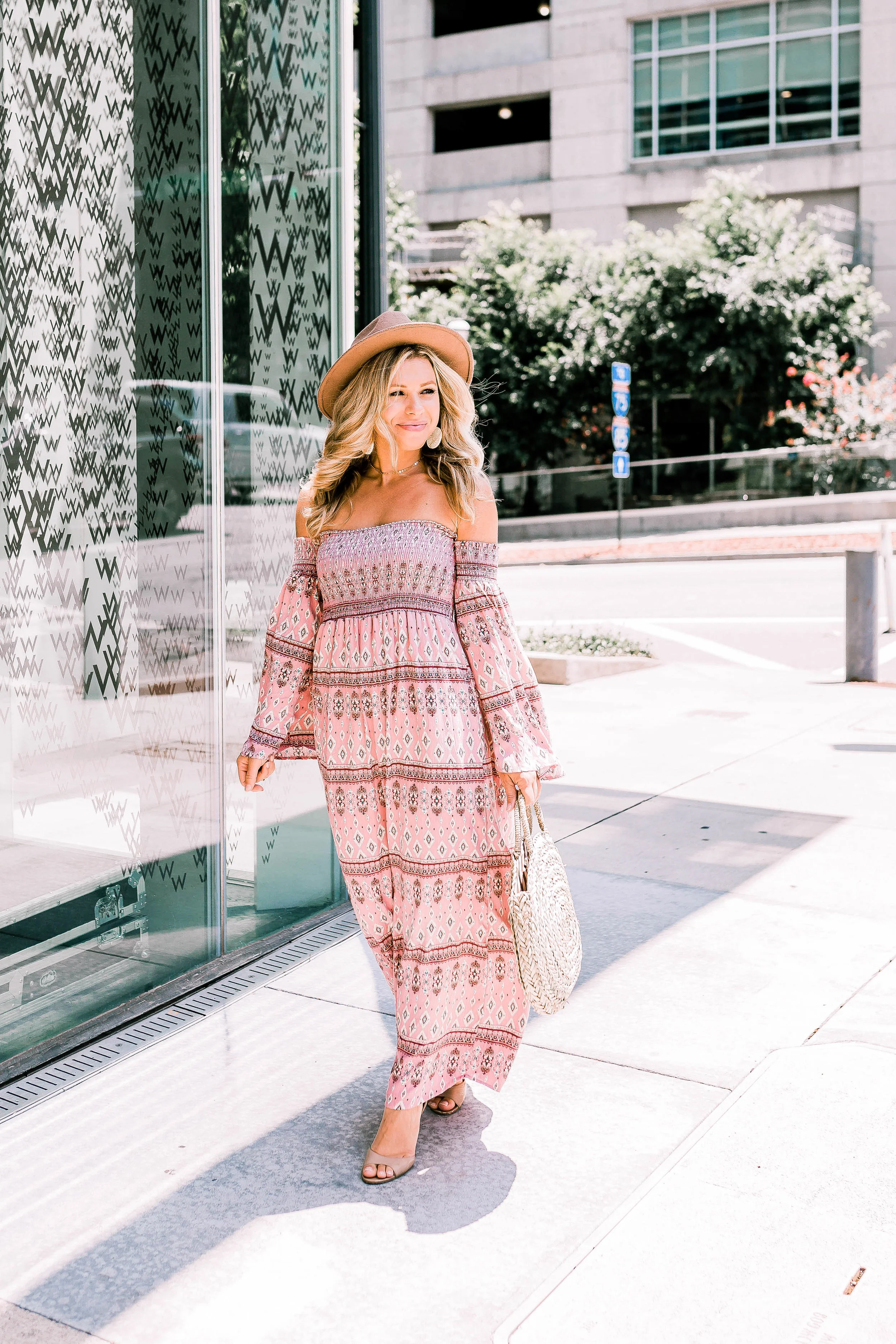 blush pink off the shoulder maxi dress