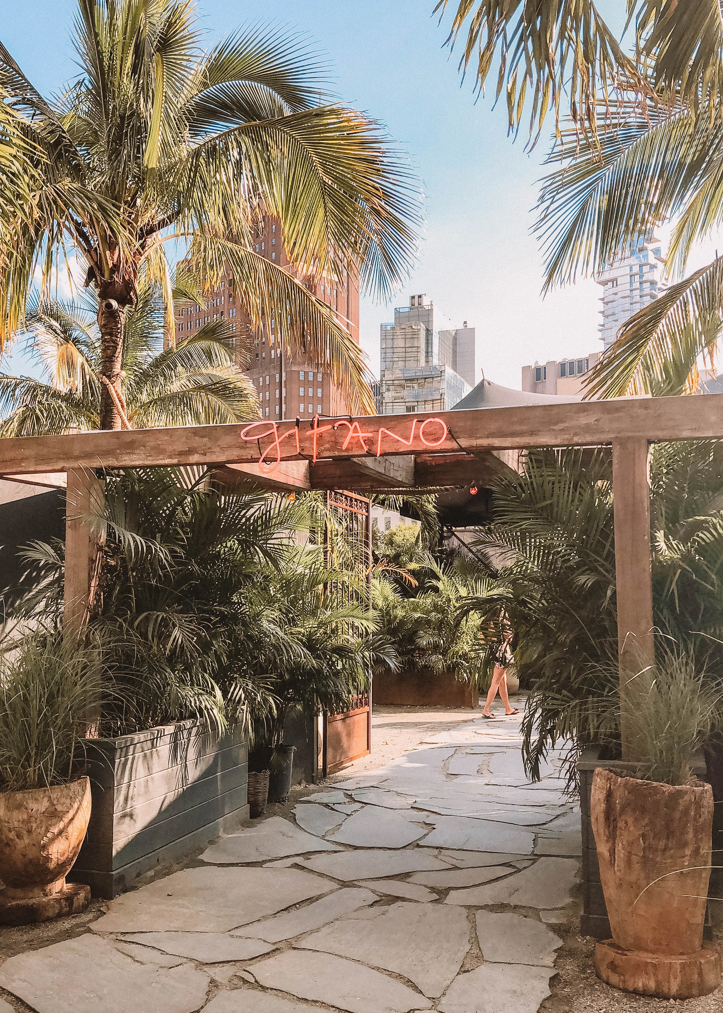 Gitano NYC . Where Tulum meets NYC! Seriously though, this bar/restaurant actually exists in Tulum and they opened a pop up in NYC! It’s literally in the middle of Soho. As you walk up the outside can be deceiving and may have you questioning your choice, but trust me once you walk through the entrance you’re transported right to Mexico! The drinks are so pretty too!! Pro Tip- the kitchen closes late in the afternoon and re-opens at 5:00!