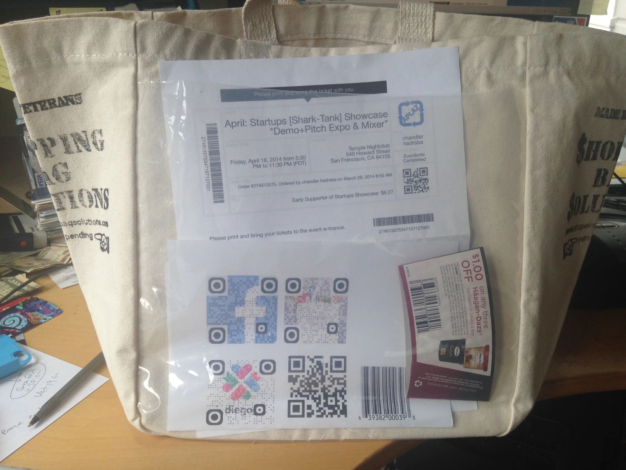 tickets and codes in side pocket.JPG