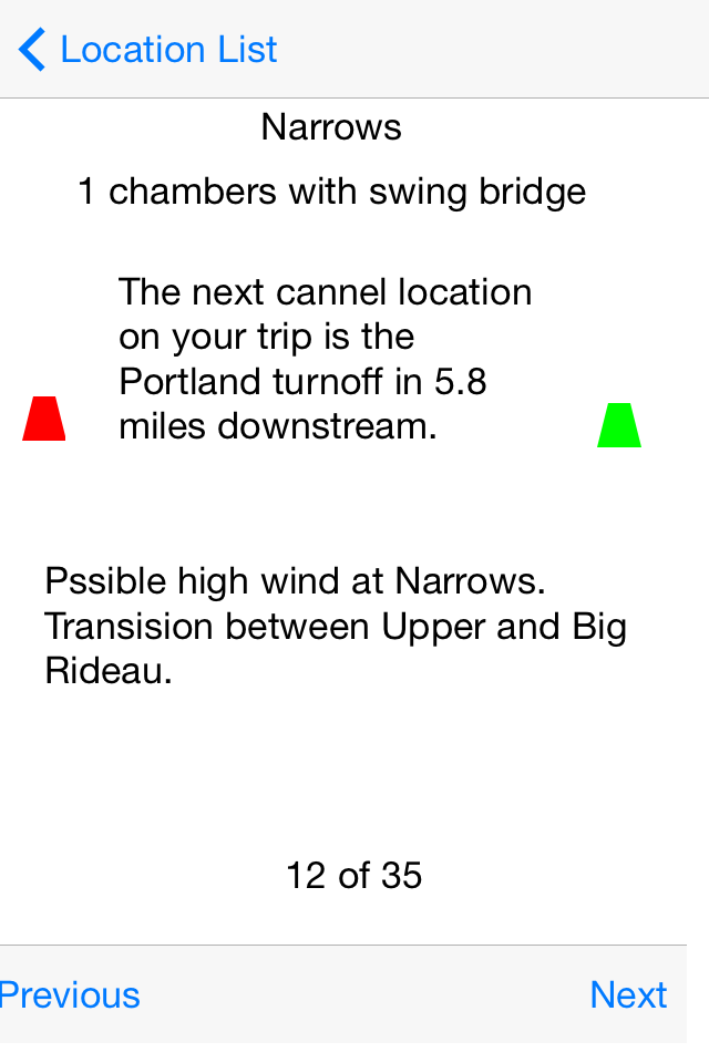For each location get the distance to the next location, buoy orientation on route and any notes on the location.