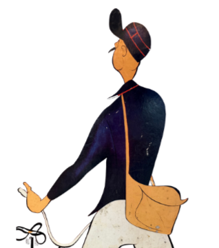 Profile of a woman wearing a dark jacket, hat, and glasses, carrying a tan purse, walking with a confident stride.