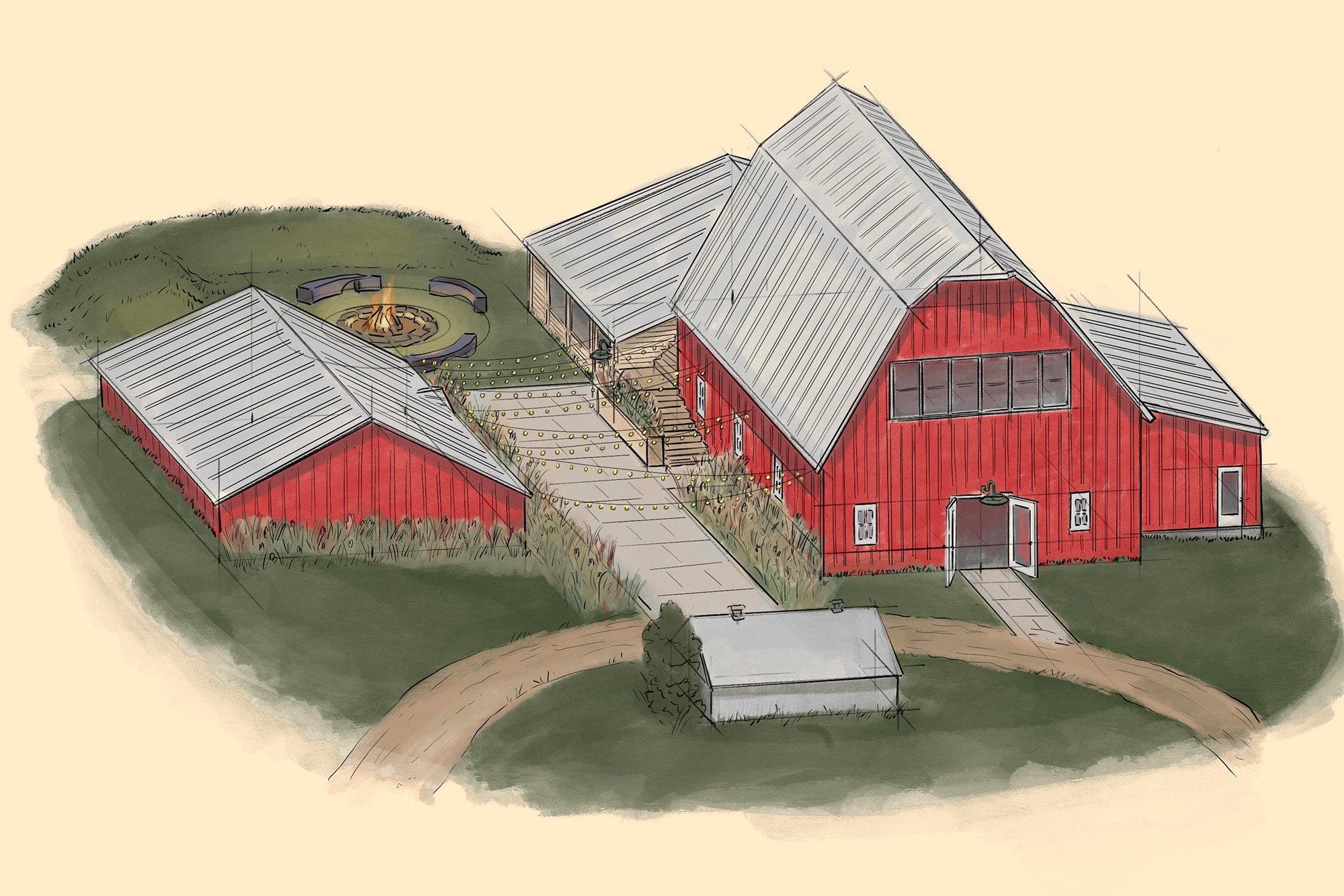  Architectural illustration of the barn, screened in porch, and fire pit at Red Clover Ranch 