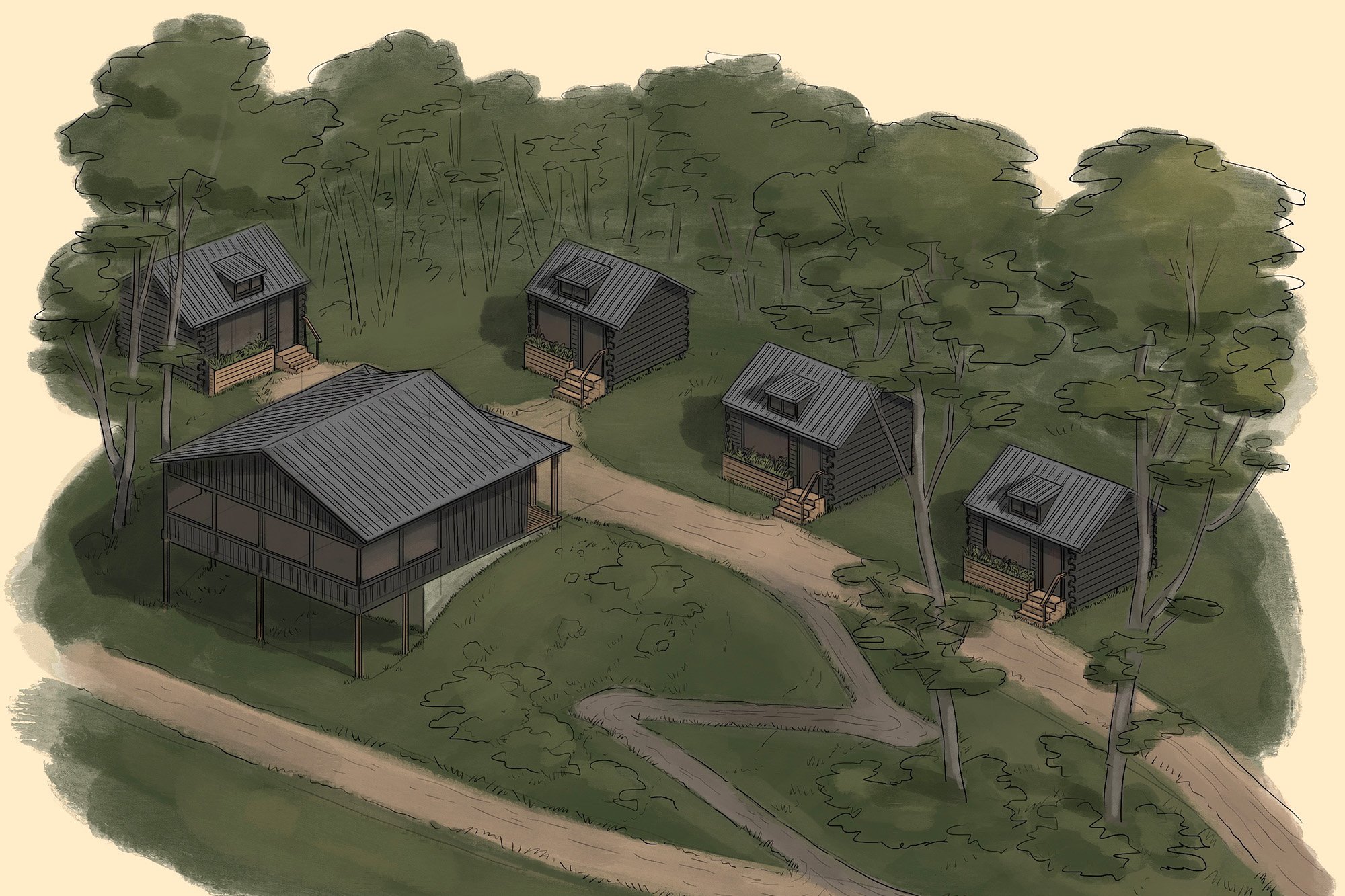  Architectural illustration of the cabin and bathhouse area at Red Clover Ranch 