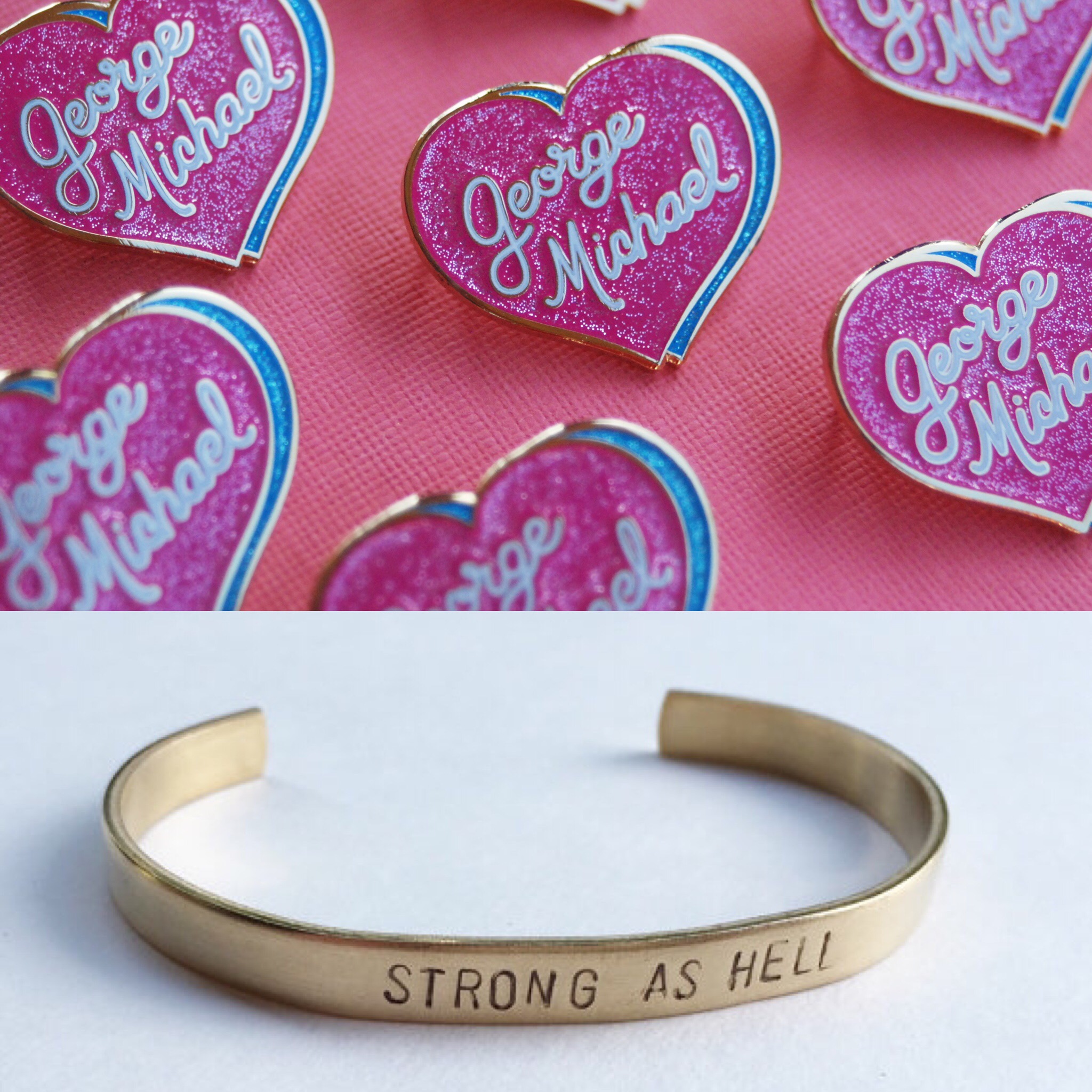 Strong as Hell bracelet and George Michael Enamel Lapel pin by Bang-Up Betty give back to Arkansas charities.&nbsp;