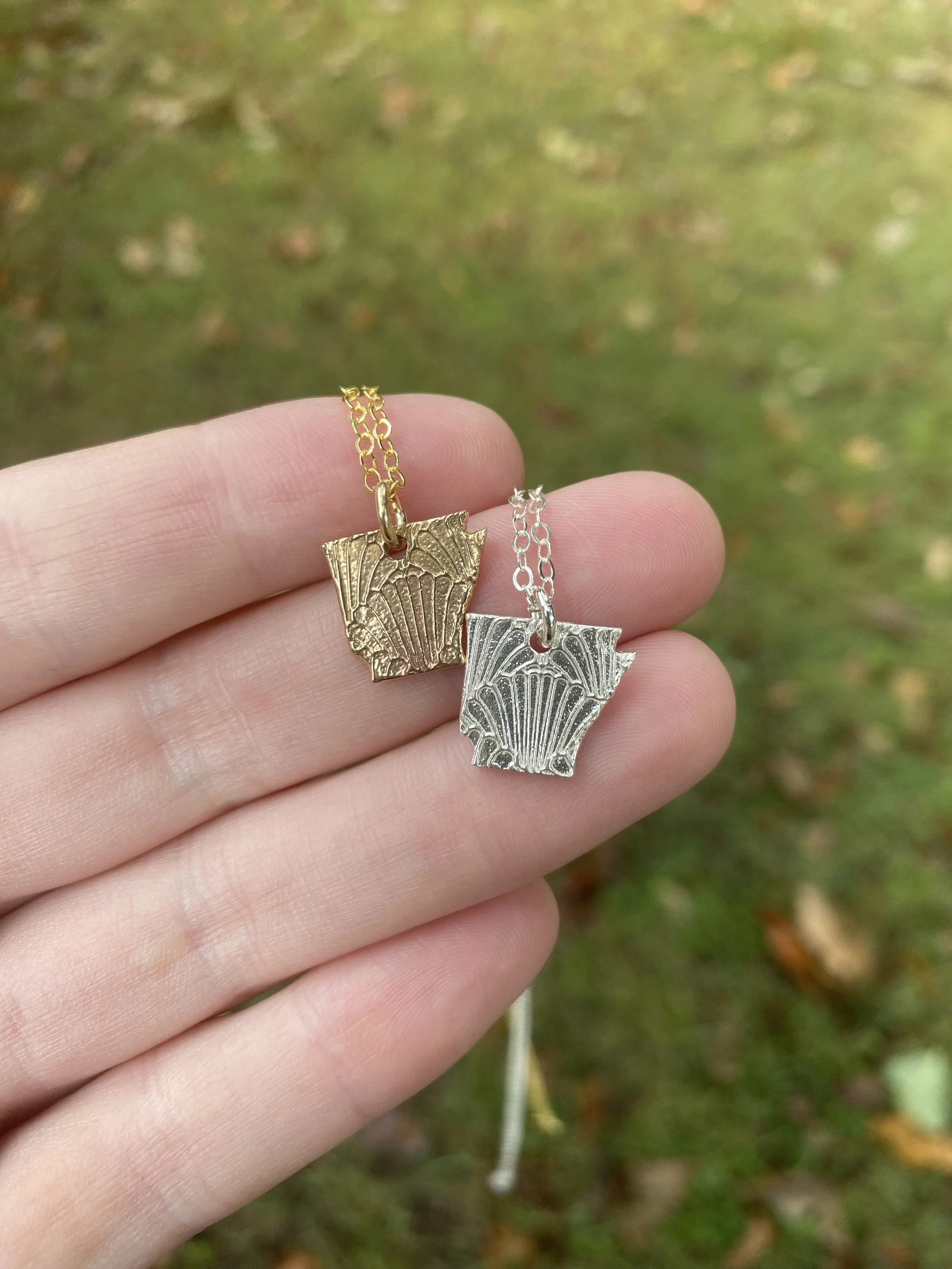 Art Nouveau Patterned Arkansas State Shape Necklace in Silver or Gold