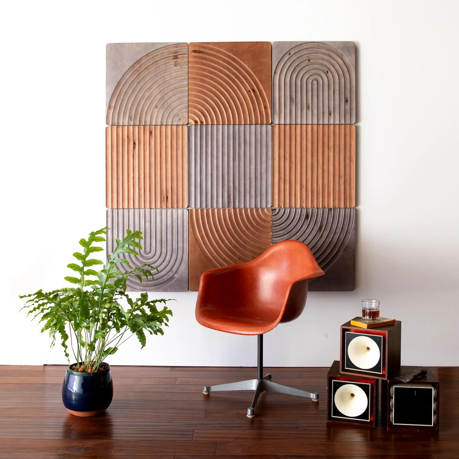 KARVD modular wooden wall art. Rearrangable, rotatable and removable wall panels enable you to design a custom experience for any size wall.
