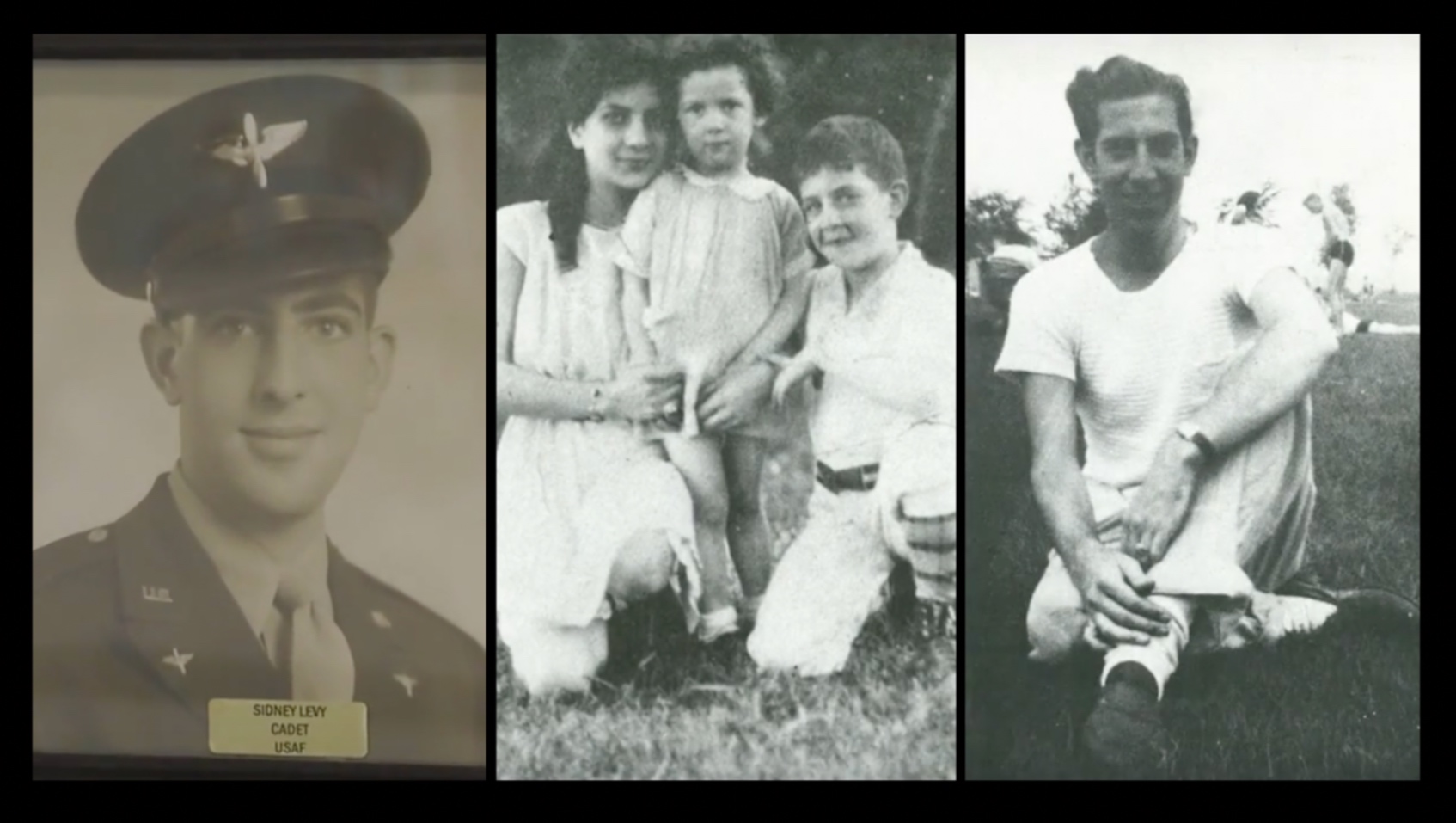 Sidney Levy as a USAF air cadet (left), with his mother and sister (middle), and as a young man
