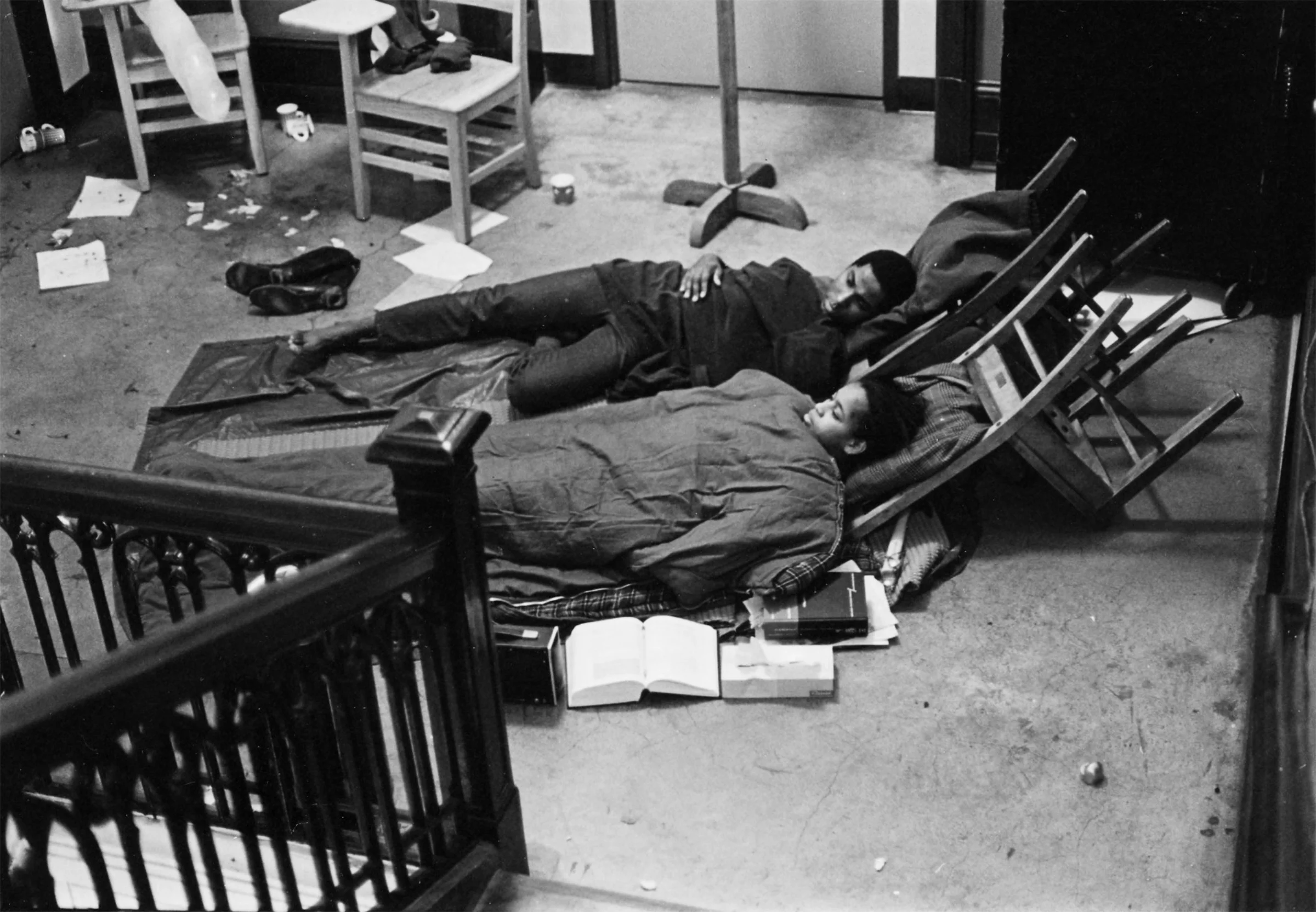 Members of the Black Student Union in sleeping bags in Eliot Hall during the BSU takeover of the administrative offices in 1968 courtesy of Special Collections, Eric V. Hauser Memorial Library, Reed College.
