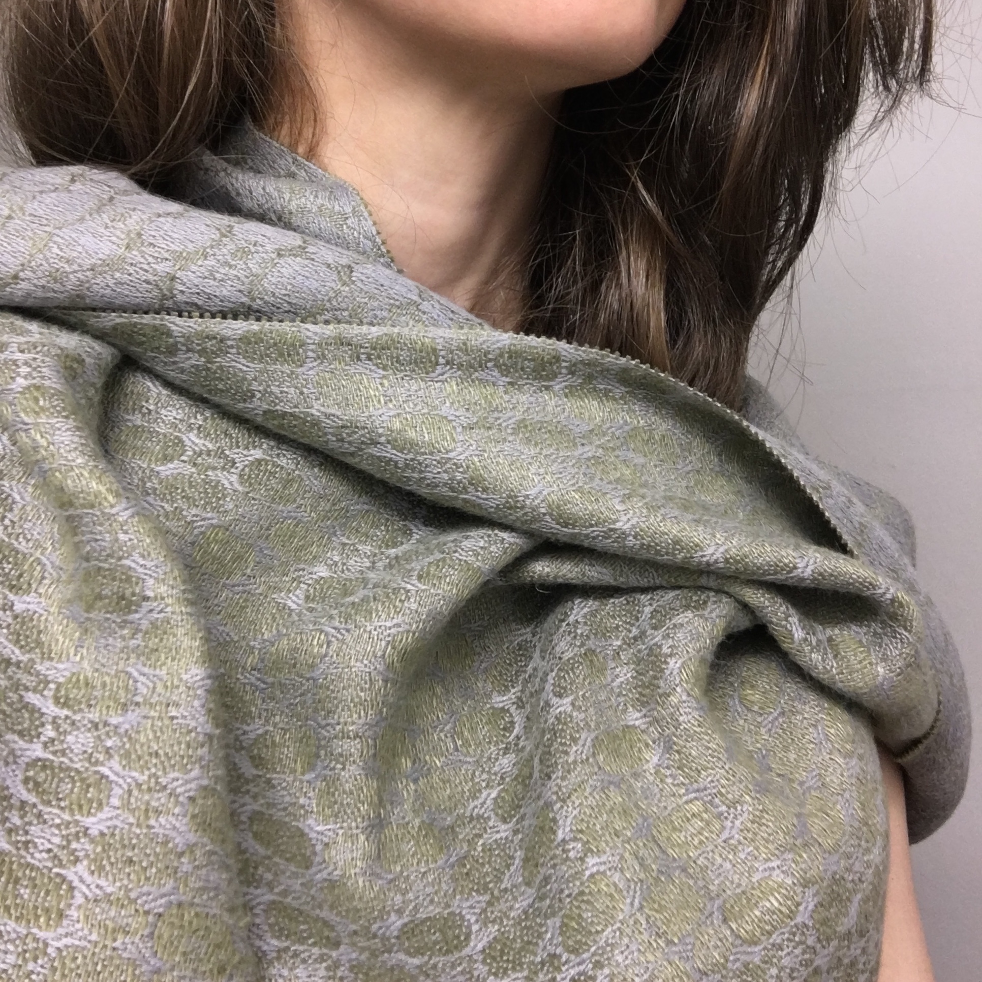 Hand-dyed green and grey silk and linen shawl by Brendan Joseph