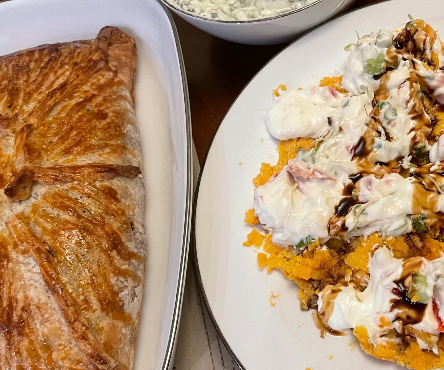 Result. This is Mushroom and Chestnut Loaf (vegan, gluten free) and on the right is sweet potato, lime yoghurt and a few trimmings. Above is a cucumber yoghurt to go with pakoras. 

Thank you so much to @alixgardnercookeryschool for a brilliant zoom 