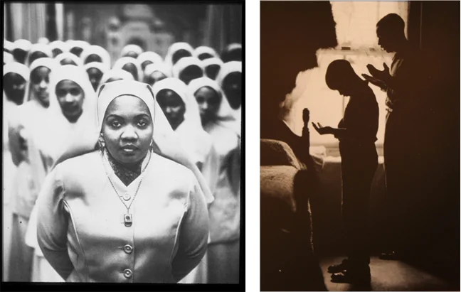 (l to r) Ethel Shariff in Chicago , 1963; Evening Prayer, Muslim Father and Son , New York, 1946. Copyright The Gordon Parks Foundation
