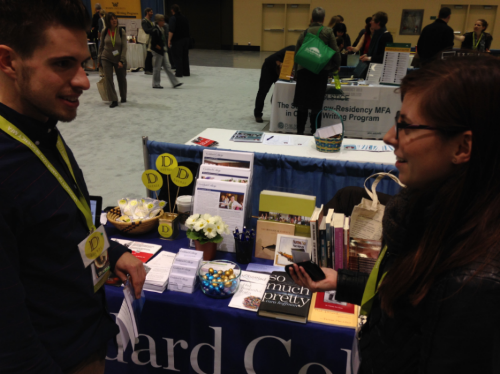 Duende Design Editor Cameron Price talks up Duende at the Goddard College AWP booth.