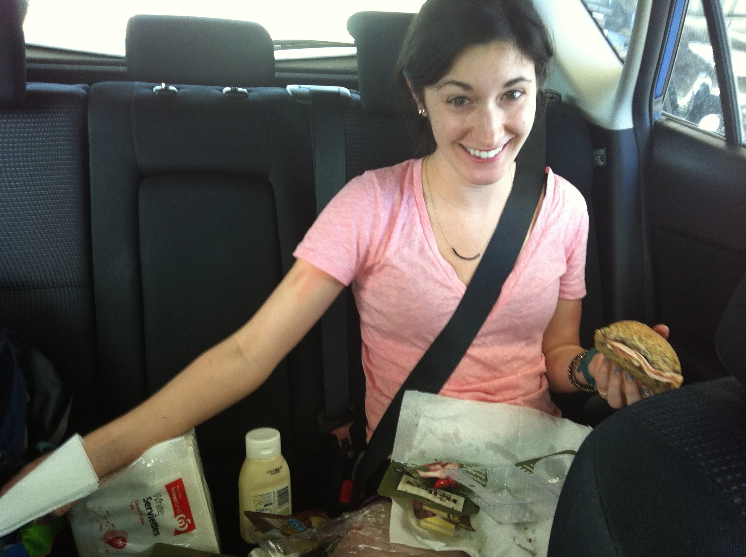 Backseat Deli is in business! On today's menu, ham and cheese sandwiches on seeded whole wheat bun, with hand-dipped (by Gabrielle) peanut-butter prezels.