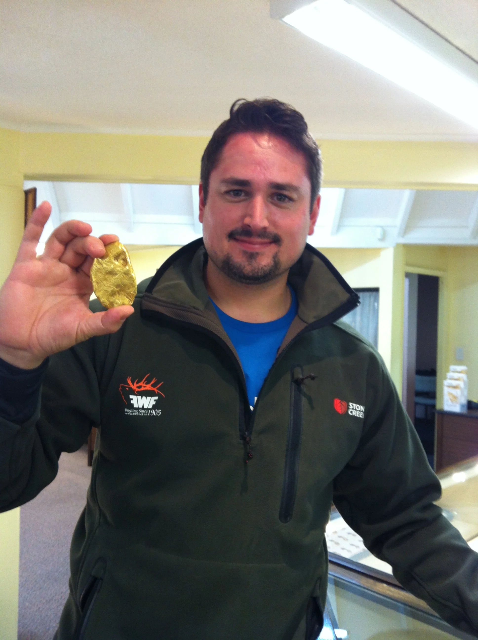 Joe showing off the massive gold nugget that was found here in Hokitika.
