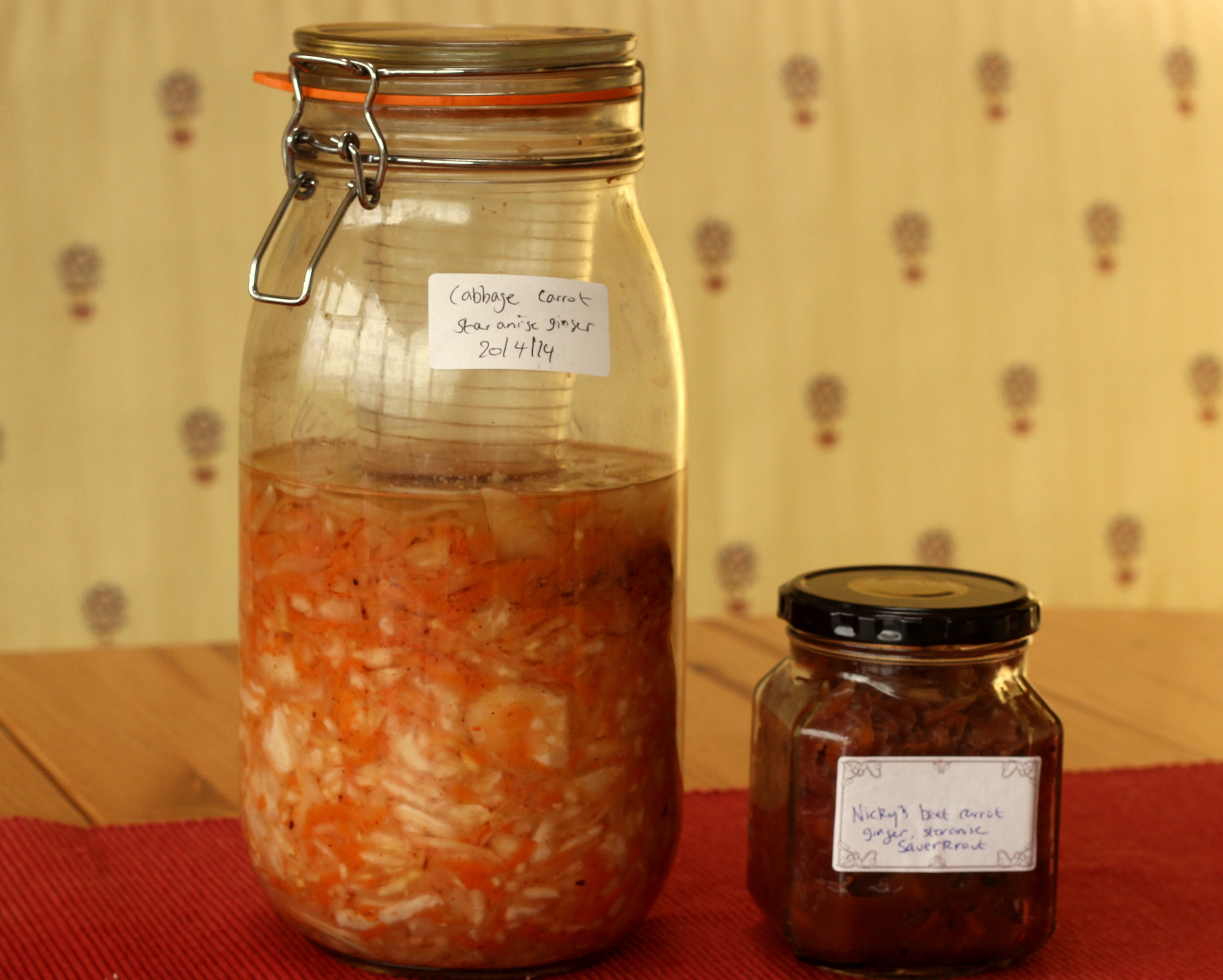 Here is one I fermented in March ready to be enjoyed, and one I started fermenting in April without the beetroot. 