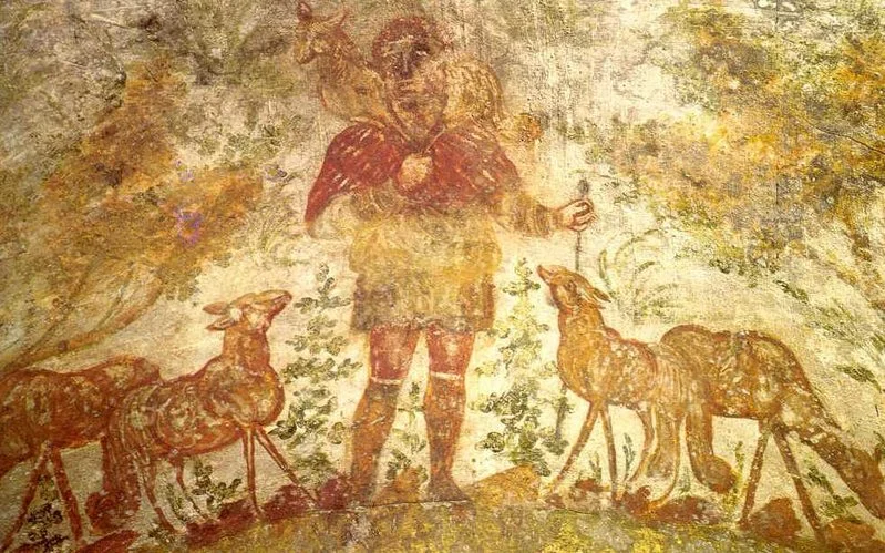 Jesus as the Good Shepherd from the early Christian catacomb of Domitilla/Domatilla (Crypt of Lucina, 200-300 CE)