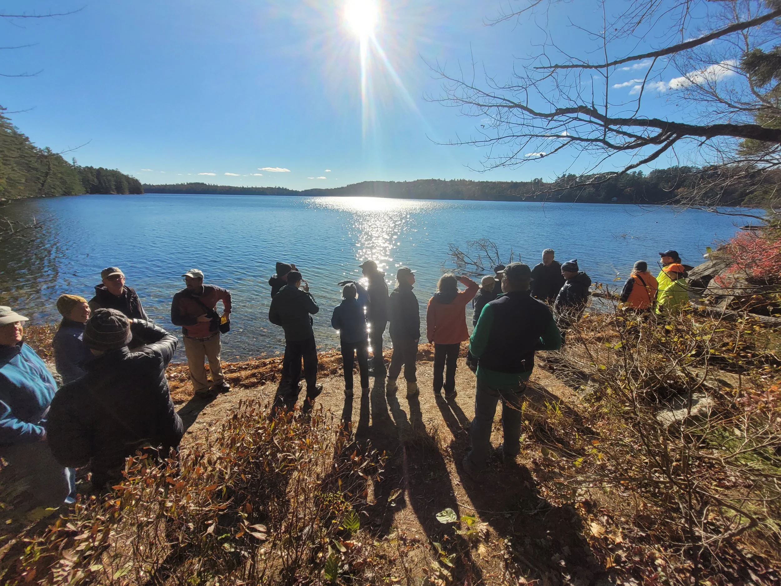 People exploring a beach on Parker Pond