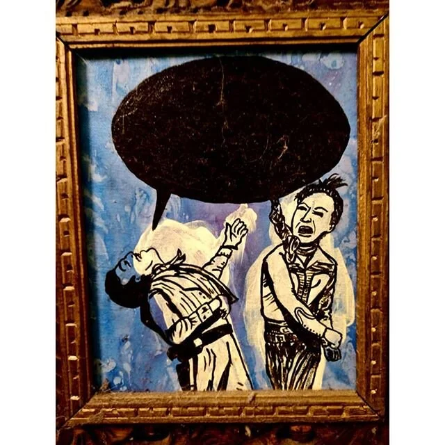 Found this old painting tucked down next to the bed. It's one of Maria's favorites from my old word bubble series. I love the found frame she's got it in.