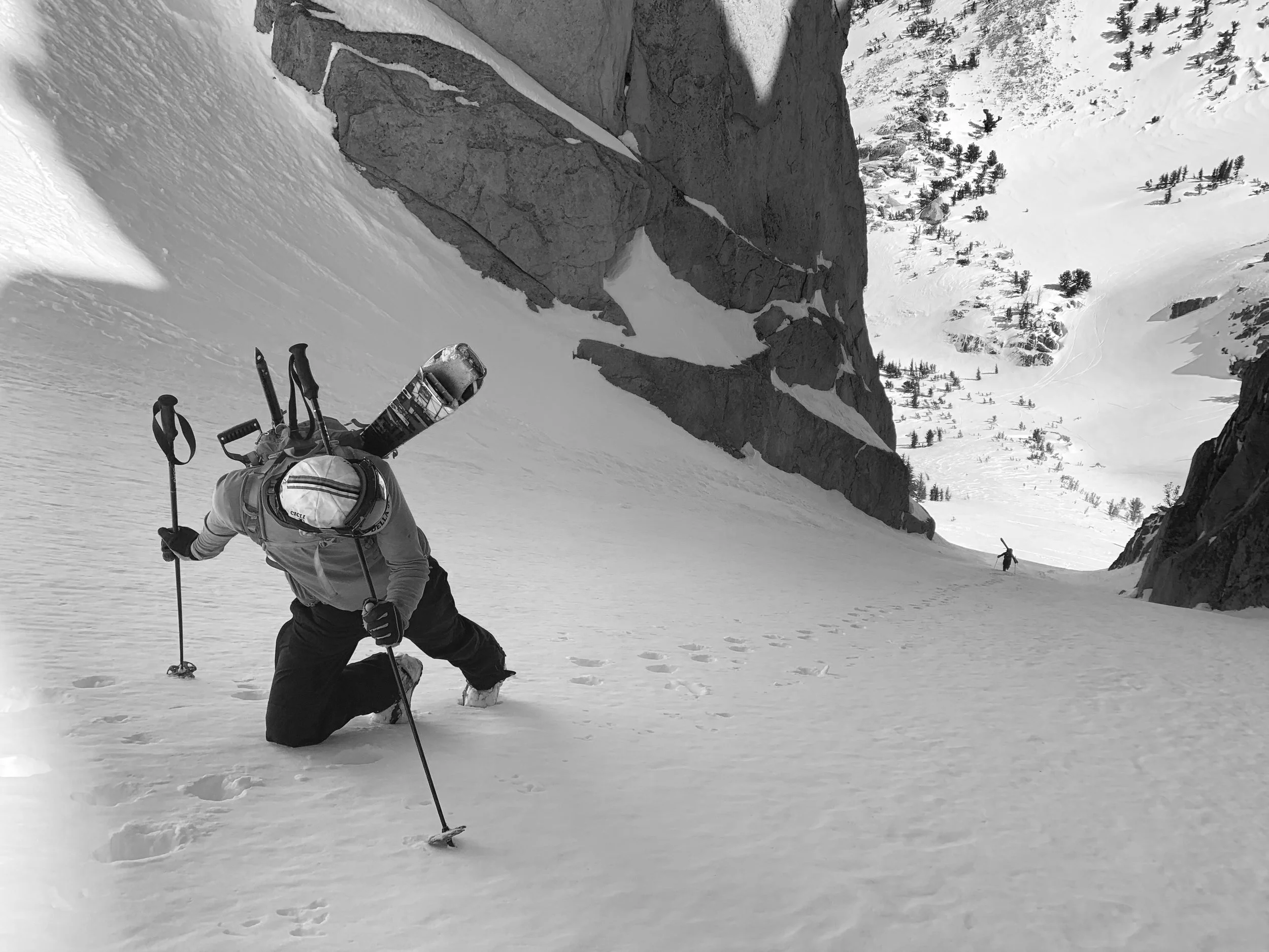 Garth checking on Owen lower down in Kettle Peak’s East Couloir