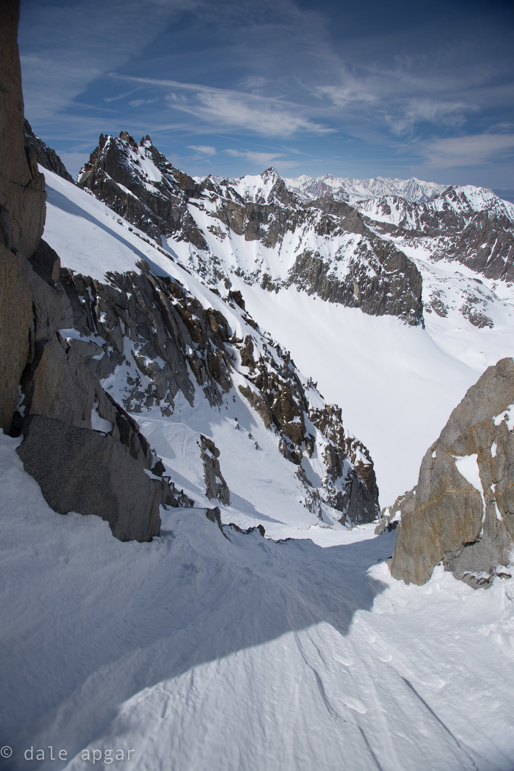  Staring down the V-notch couloir, I don’t think I’ll be up there again…and watch out for that Bergschrund  at the bottom.  