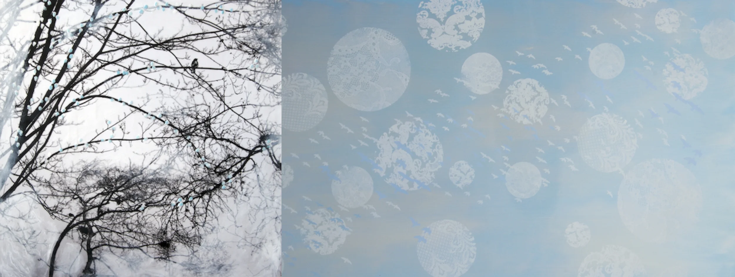 encaustic, photo, silkscreen, oil and acrylic on wood panel 20x48 inches SOLD