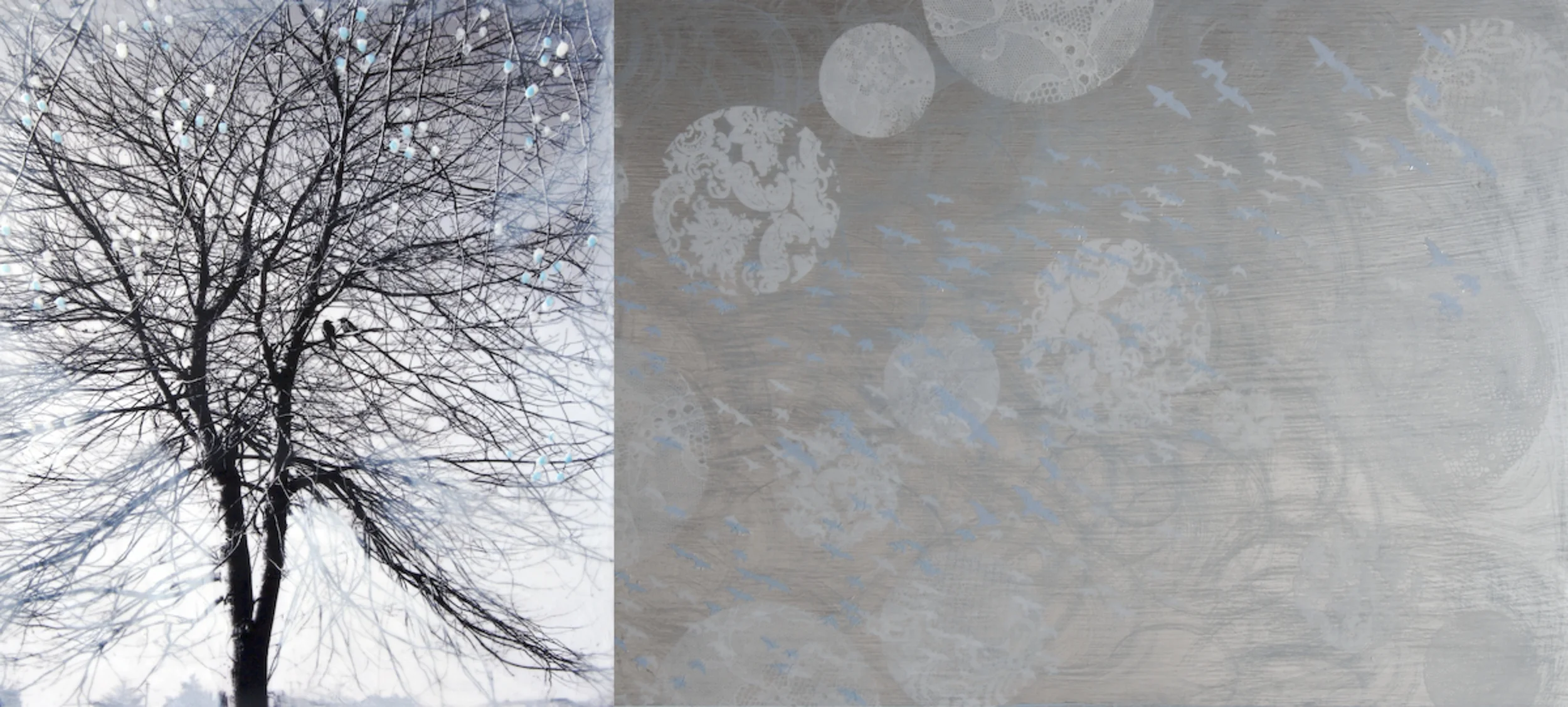 encaustic, photo, silkscreen, oil and acrylic on wood panel SOLD