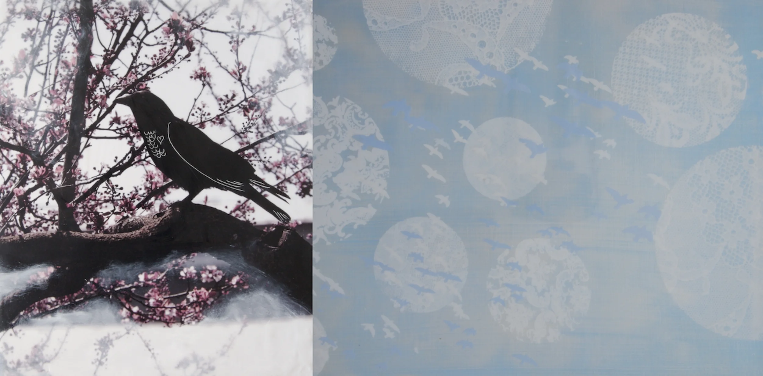 encaustic, photo, silkscreen, oil and acrylic on wood panel SOLD