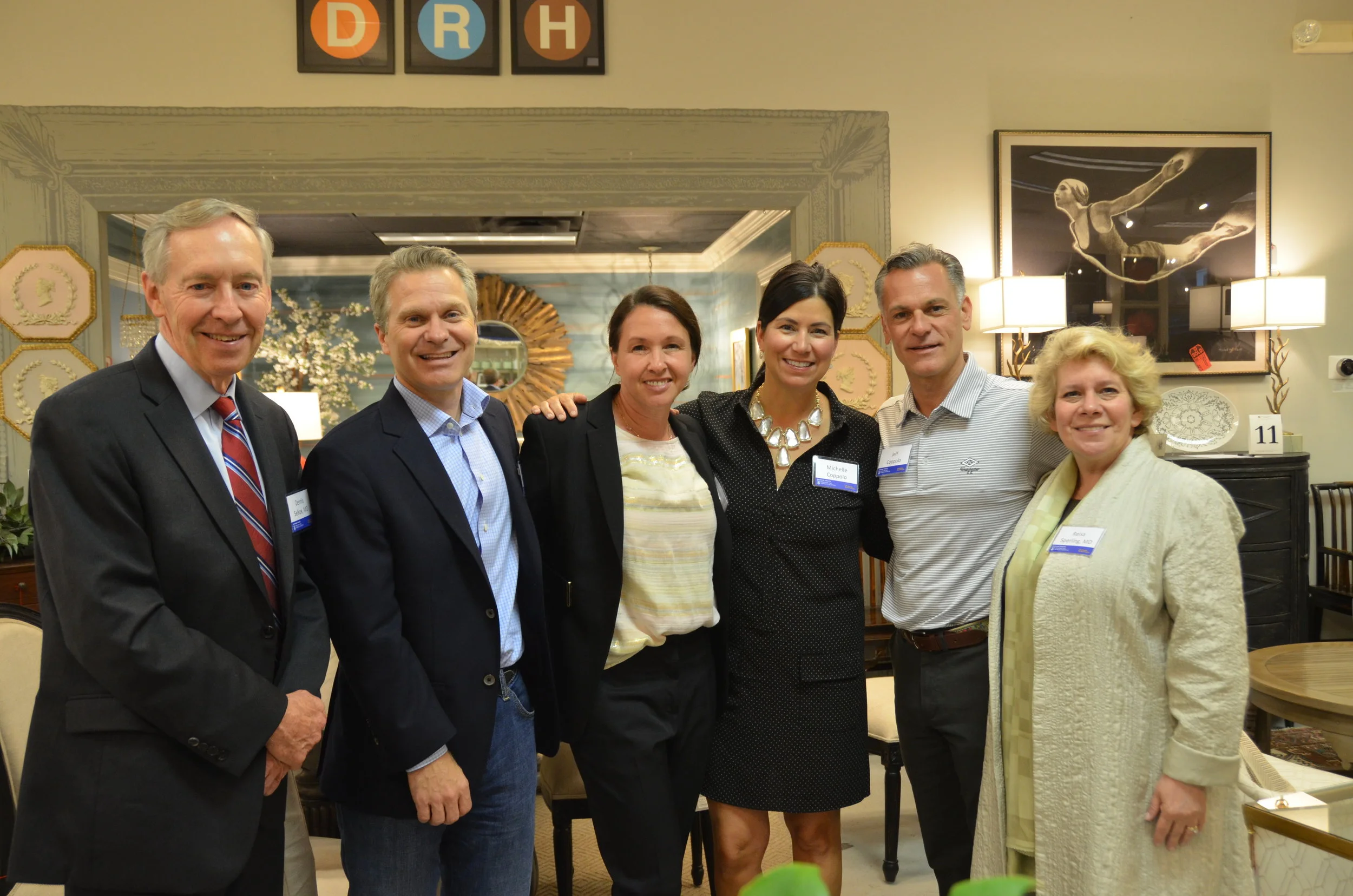 From Left to Right: Dr. Dennis Selkoe, MD, Matt and Jenna Vettel (founders of the Alzheimer’s Innovation Fund), Michelle and Jeff Coppolo (owners of Darby Road HOME), and Dr. Reisa Sperling, MD.
