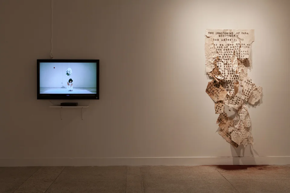 The Indictment of Cora Montgomery. 2015. Exhibit and installation. performance relic, paper, red pigment, video. Guadalupe Cultural Arts Center