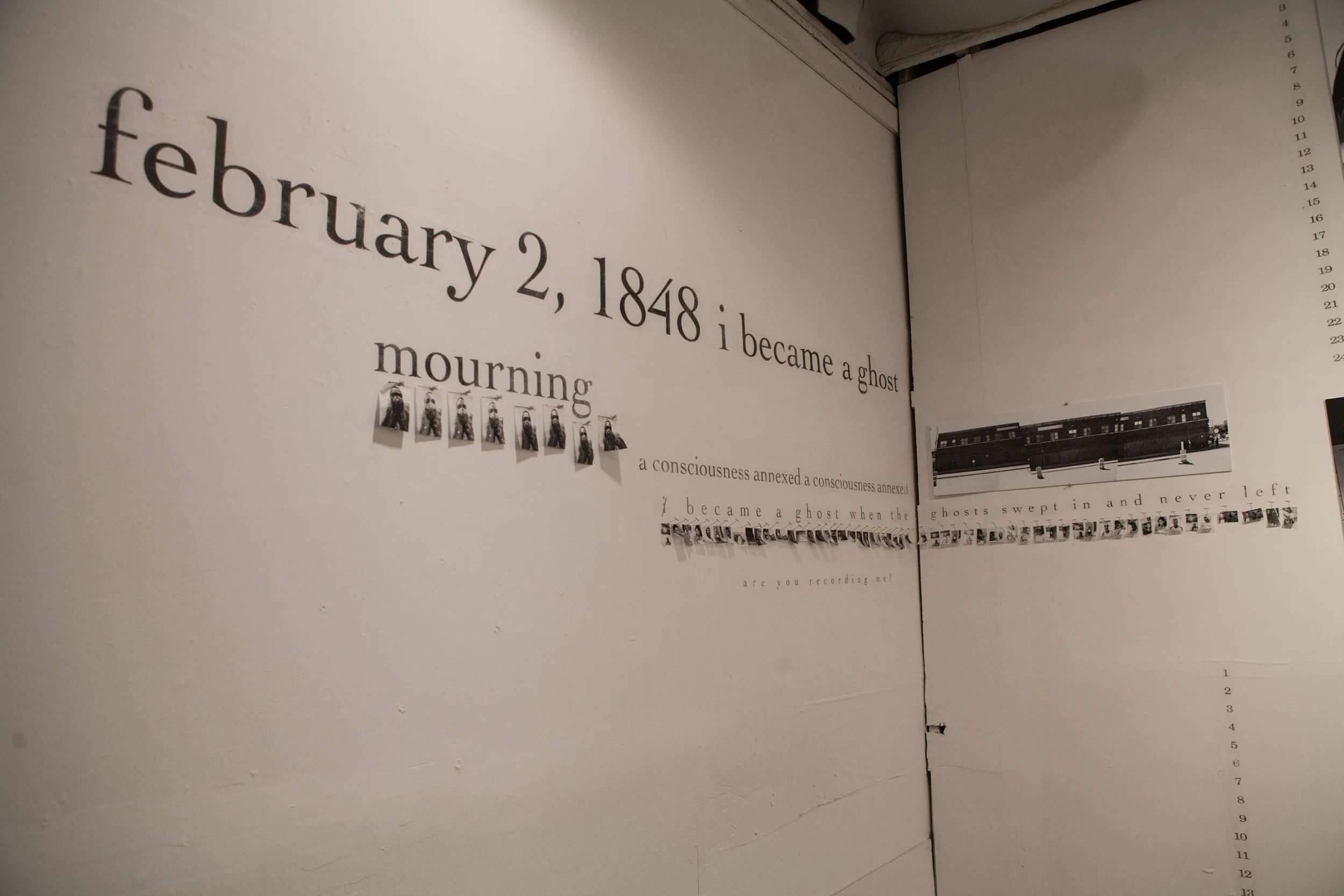 "Dysplacia." 2016. installation, pins, text, photographs on tracing paper. Studio 111