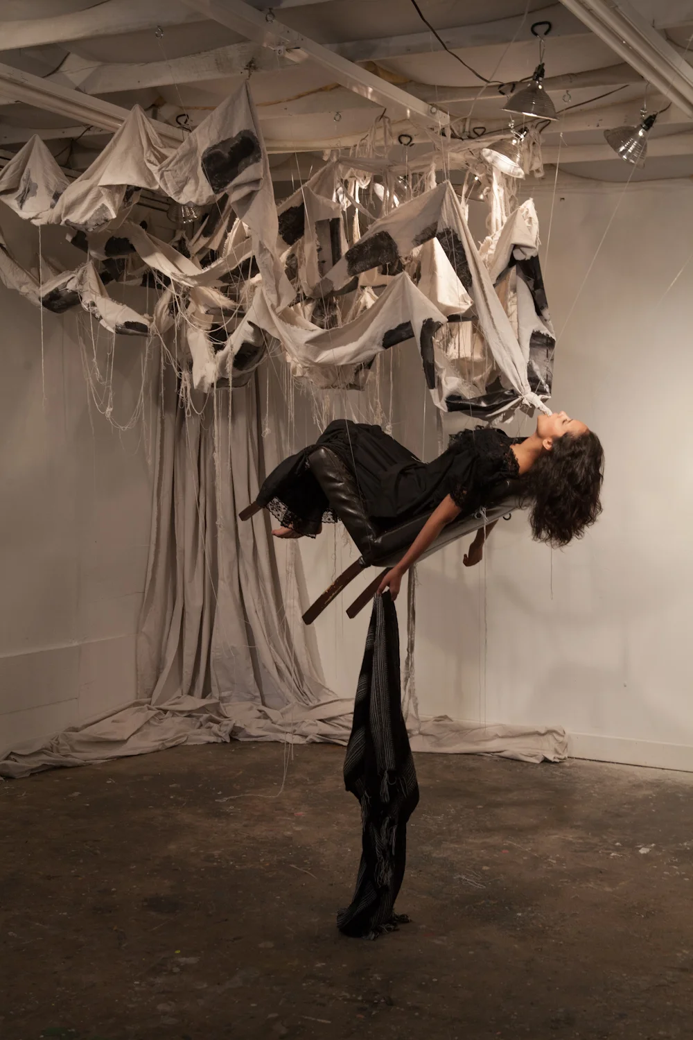 "My Well, My Stream, The River," 2016, performance installation. canvas, medium gel, photograph. Studio 111