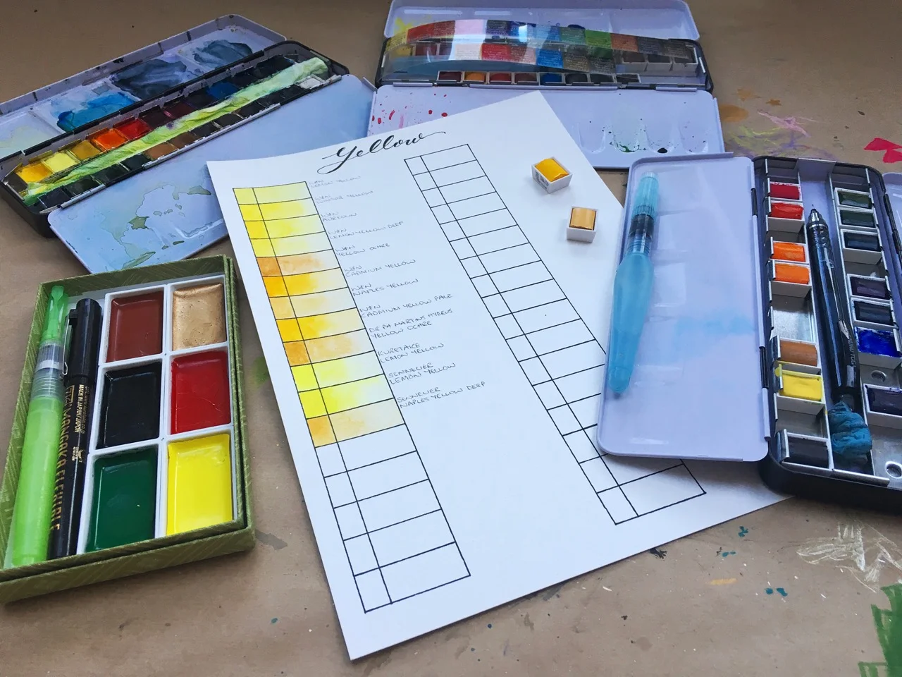 My page of yellow colour swatches, surrounded by some of my watercolour palettes.